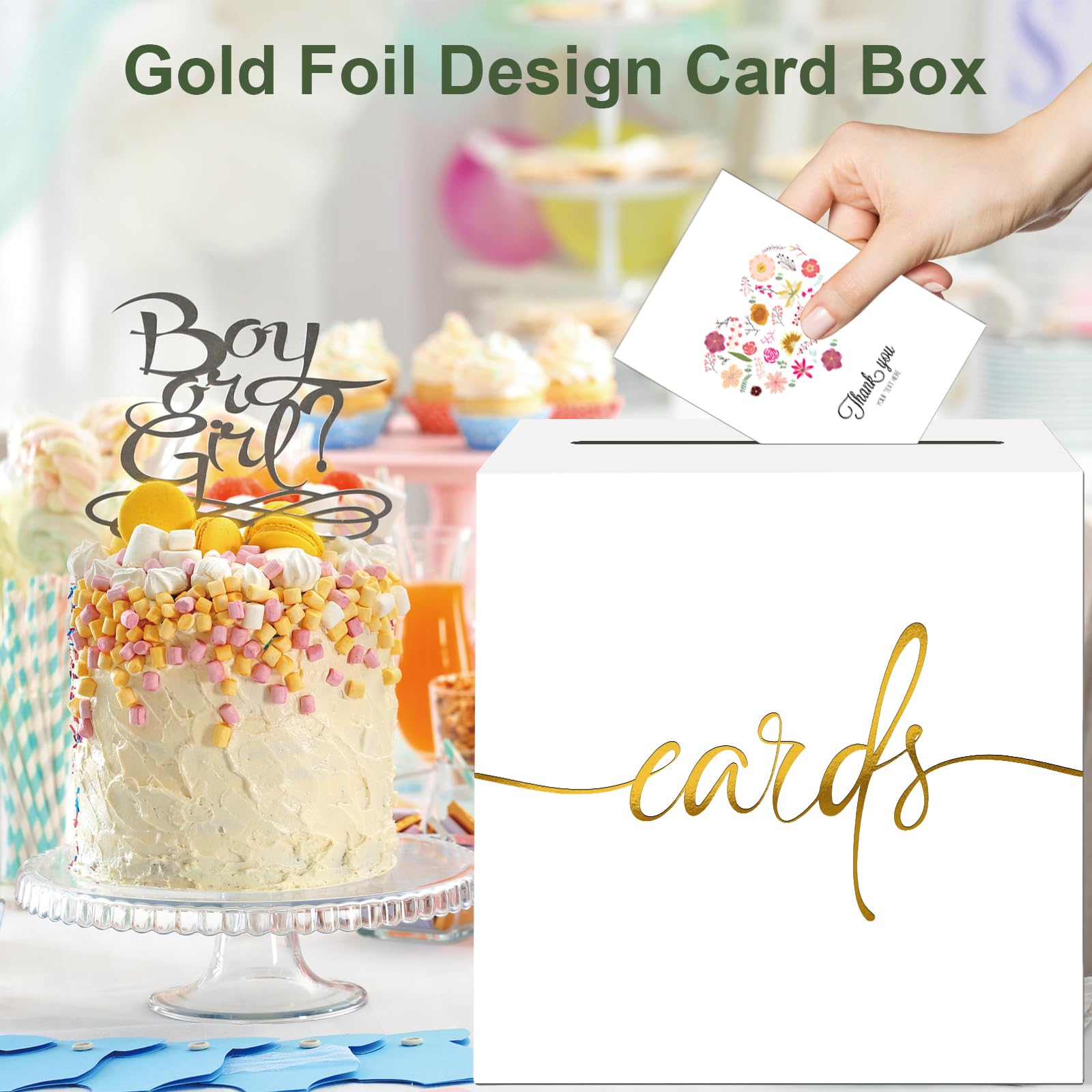 Elegant White Card Box with Gold Foil Design - Wedding, Graduation, Baby Shower Gift Card Holder - Perfect for Parties, Anniversaries, Birthdays & Retirement Celebrations - Money & Raffle Ticket Collection Box for Special Events