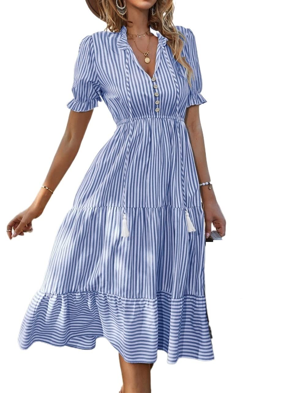 2022 Women's Summer Dresses - Vertical Striped Flounce Sleeve with Tassel Tie Neck & Ruffle Hem | Perfect for Beach Vacations, Date Nights and Summer Parties