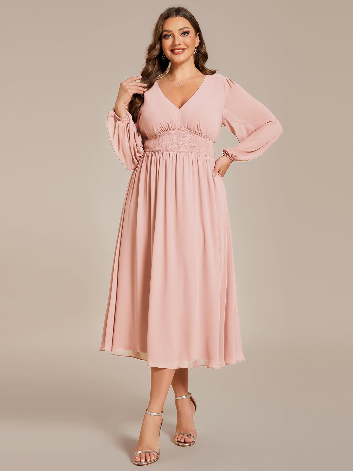 Ever-Pretty Women's Plus Size A-Line V-Neck Lantern Sleeve Midi Formal Dress for Curvy Women 01929-DA | Elegant Wedding Guest & Cocktail Party Attire