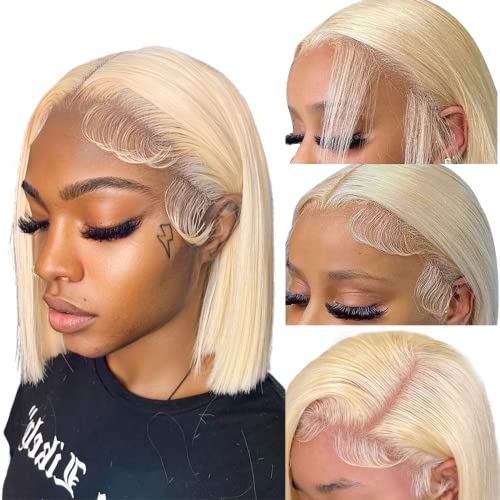 SUPERLOOK 613 Blonde Bob Wig Human Hair Straight - 13x4 Transparent Lace Front Wig with Pre Plucked Bleached Knots & Natural Hairline - 180% Density (14 Inch) - Perfect for Cosplay, Daily Wear & Special Occasions
