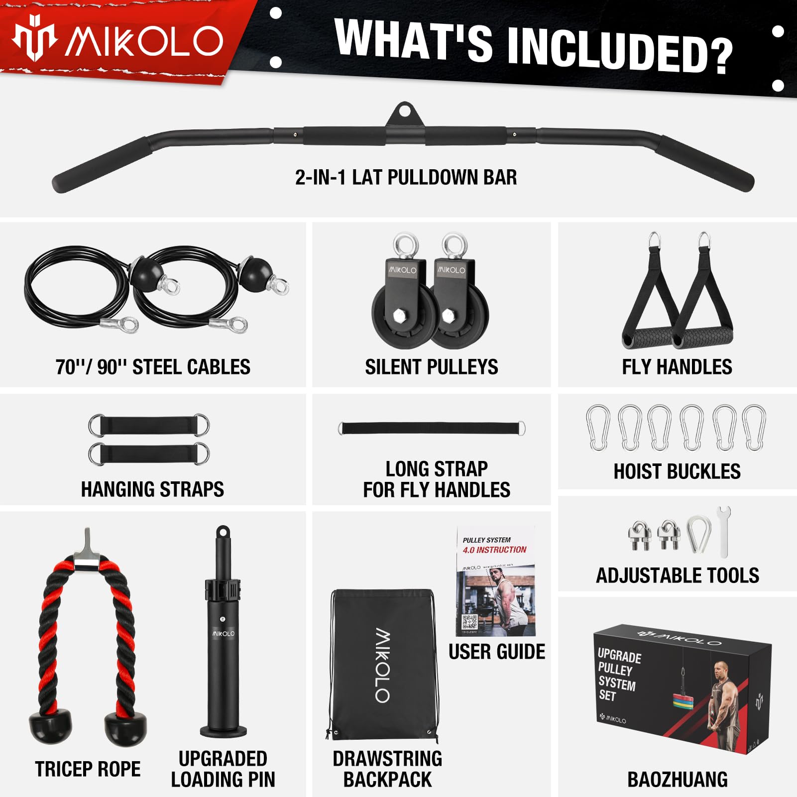 Mikolo Wall Mounted Squat Rack - Foldable Power Cage with Lat Pulldown & Cable Crossover System, Heavy Duty Home Gym Equipment for Strength Training & CrossFit Workouts (Space Saving Design for Small Home Gyms)