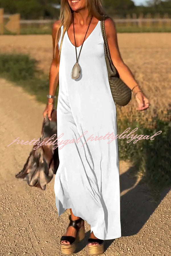 Elegant Solid Color V-Neck Sleeveless Maxi Dress - Casual Loose Fit Summer Beach Dress for Women | Perfect for Vacation, Date Night & Outdoor Events