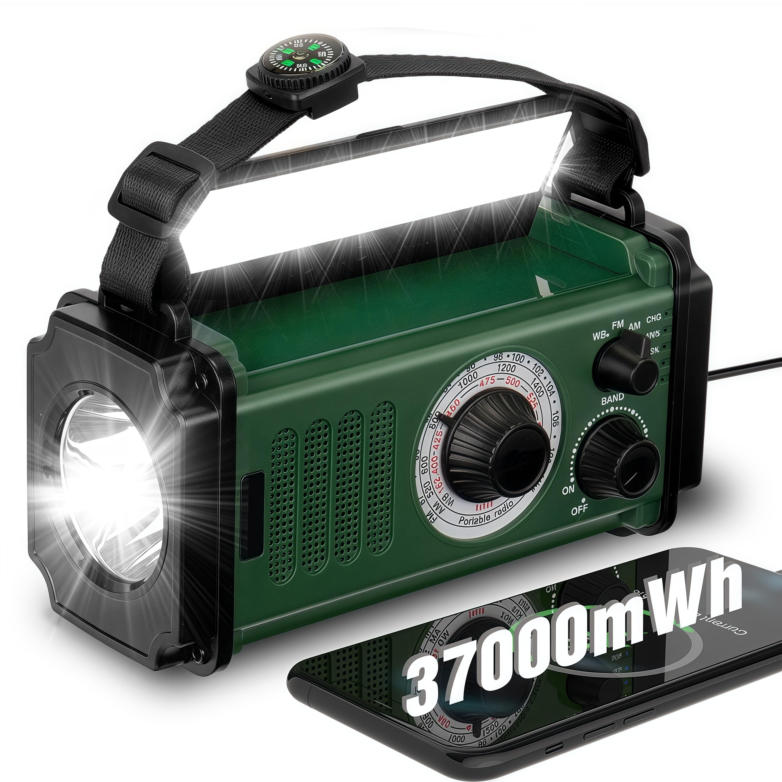 Emergency Radio with 37000mWh Power Bank - Solar & Hand Crank NOAA/AM/FM Weather Radio, 4 Charging Methods, Flashlight & Reading Lamp, SOS Alarm, Camping Compass - Perfect for Outdoor Adventures, Camping, Hiking & Emergency Preparedness