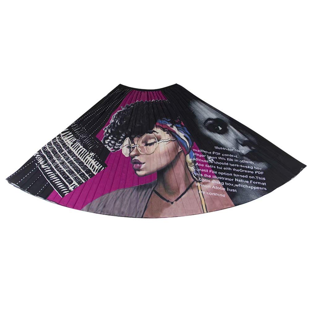 ThusFar Women's Graffiti Pleated Skirts - Cartoon Printed Elastic Waist A-Line Swing Midi Skirt for Casual Wear, Street Style & Summer Outfits