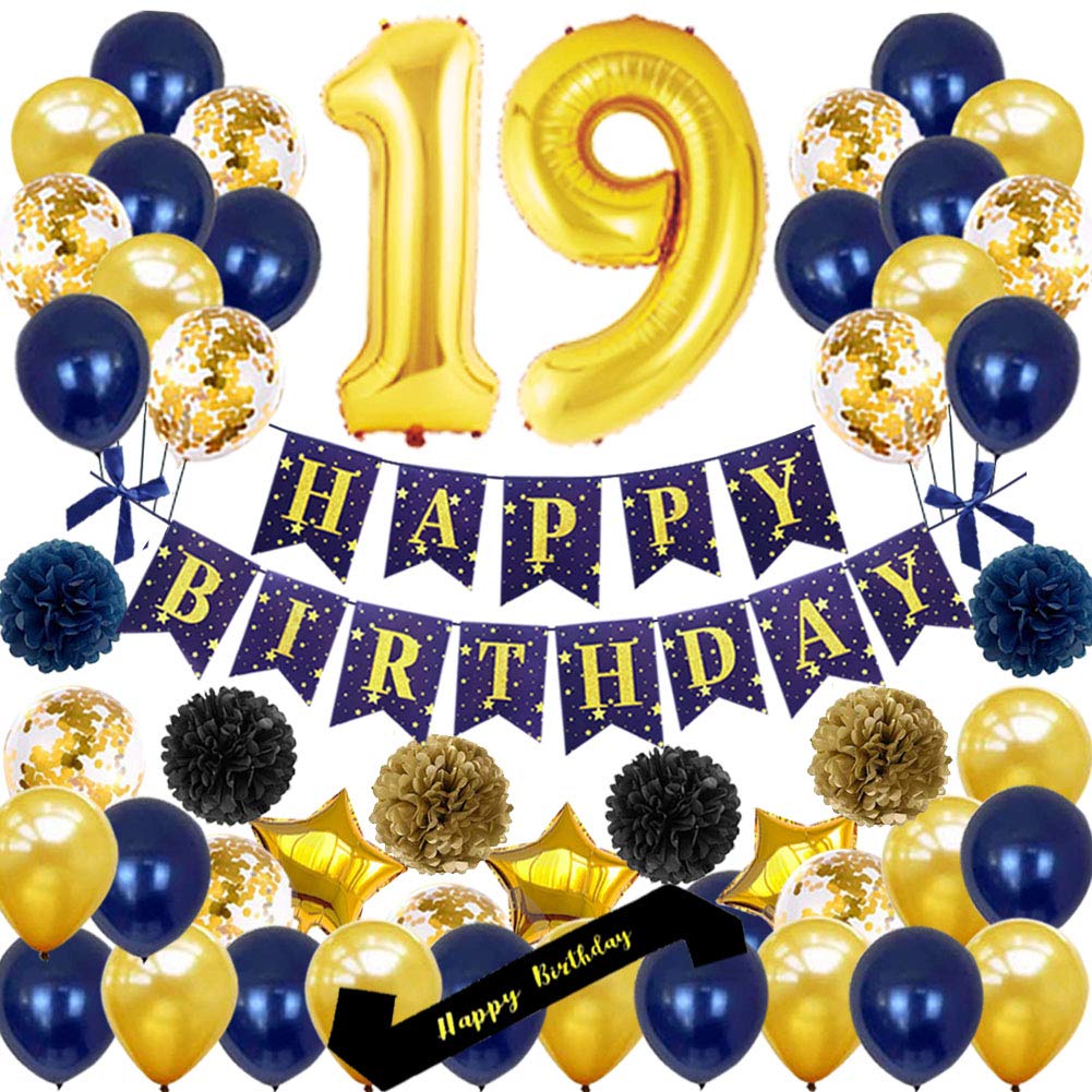 19th Birthday Party Decorations Set - Gold Happy Birthday Banner, Number 19 Balloons, Sash, Confetti & Latex Balloons for 19 Years Old Celebration | Perfect for Teen Birthday Parties, Milestone Decor, Dark Blue Theme