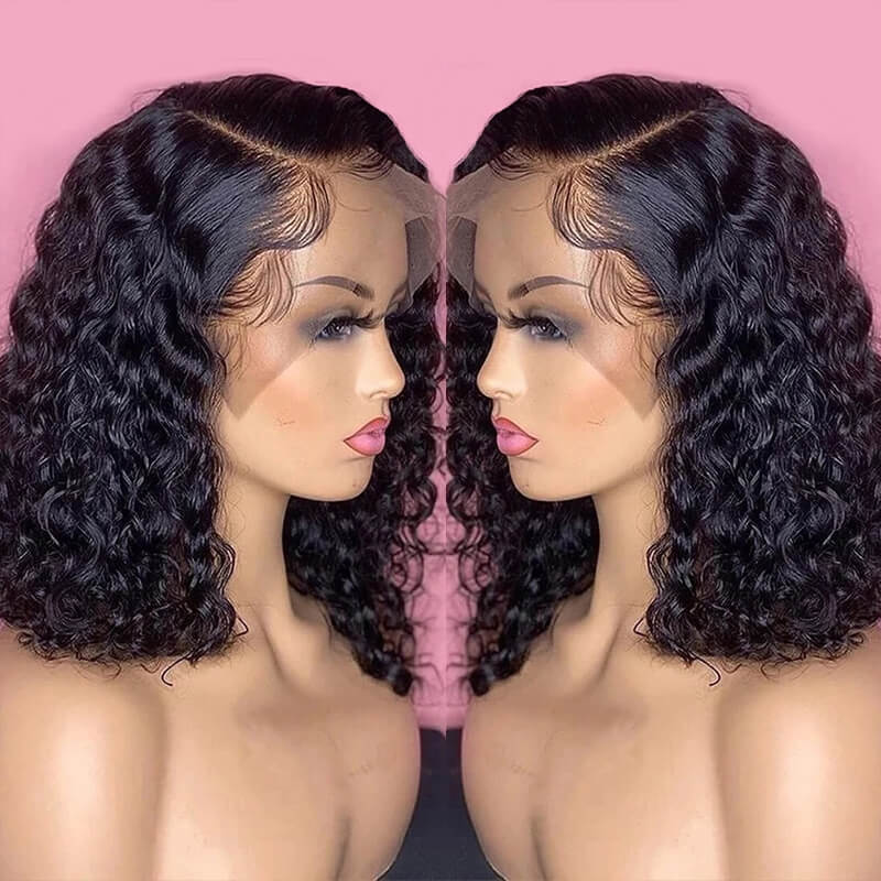 Eullair 13x4 Full Frontal Short Straight Bob Wig with Curly Lace - 100% Human Hair Wigs for Women & Girls - Perfect for Daily Wear, Cosplay & Fashion Styling