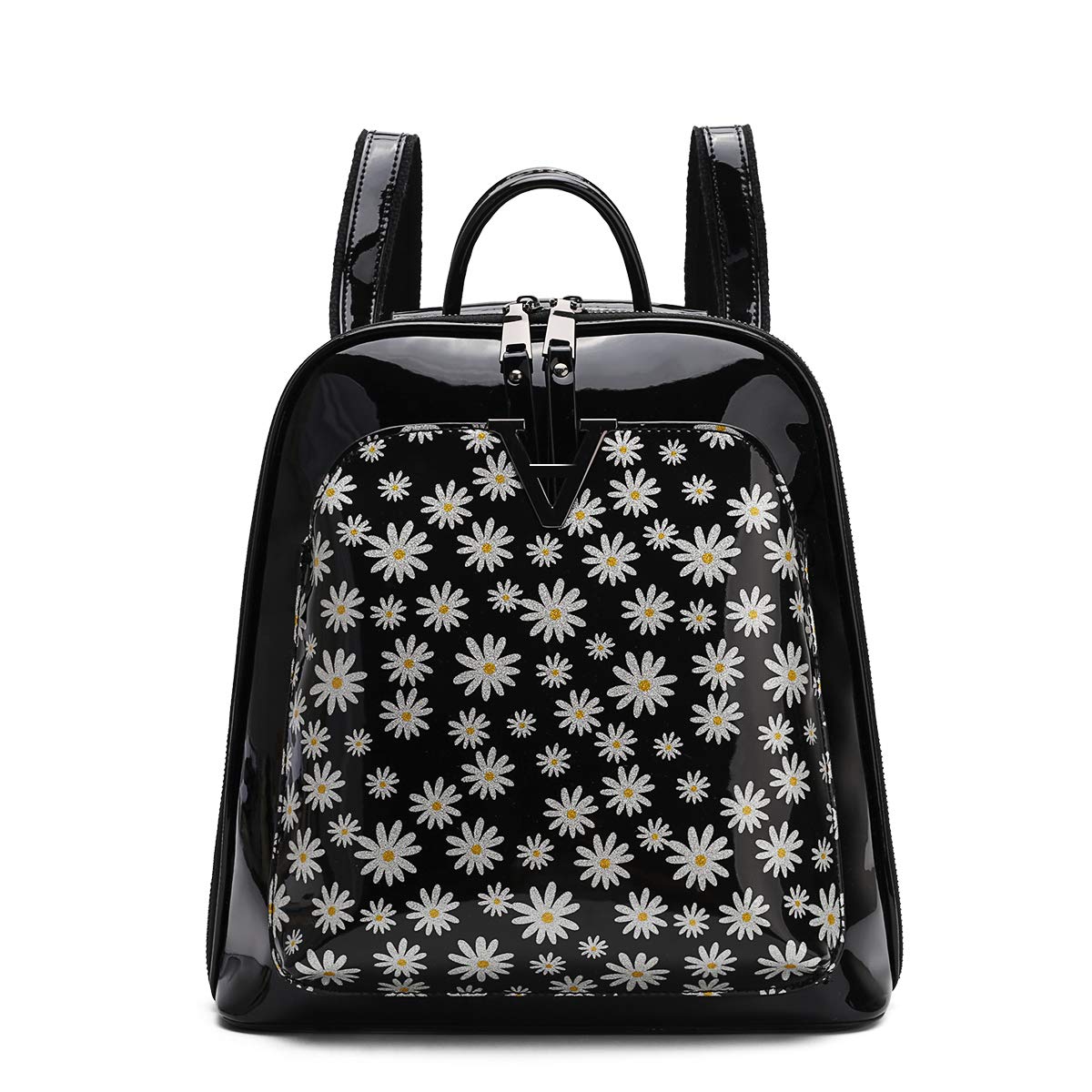 Angel Kiss Women's PU Leather Backpack Purse - Stylish Shoulder Bag with Zipper Closure, Casual Daypack for Work, Travel & School (Black/Silver)