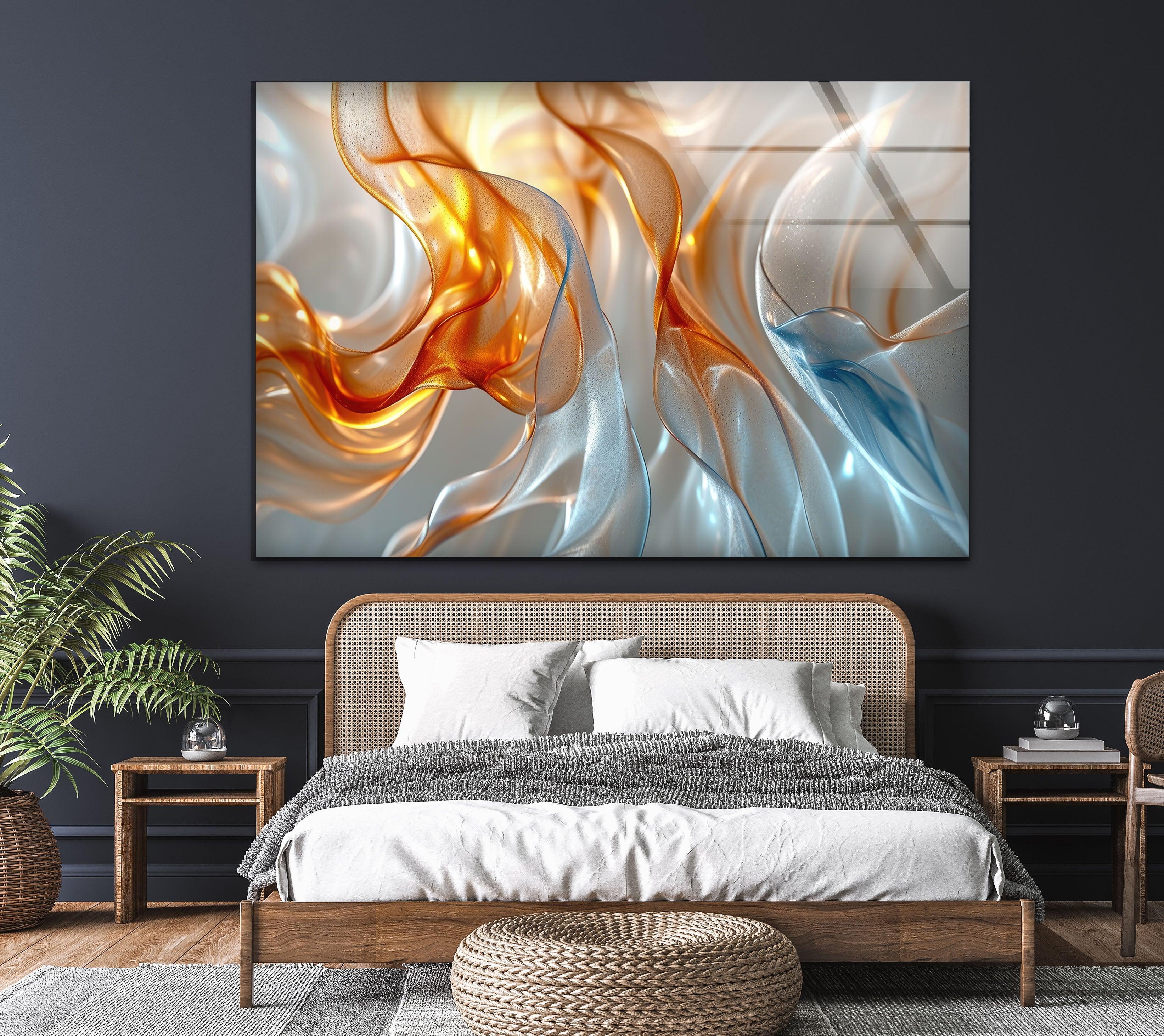 Blue and Orange Abstract Glass Wall Art - Modern Handmade Decor for Living Room, Bedroom & Office - Unique Gift Idea for Home & Interior Design