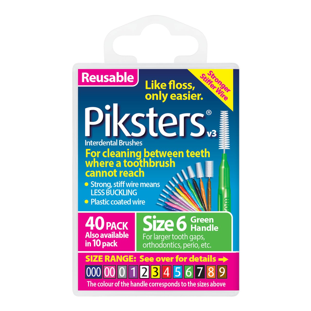 Piksters Interdental Brushes Size 6 - 40 Pack for Larger Gaps | Soft Gum Bristles for Plaque Removal | Safe for Braces & Dental Work | Perfect for Daily Oral Care & Travel