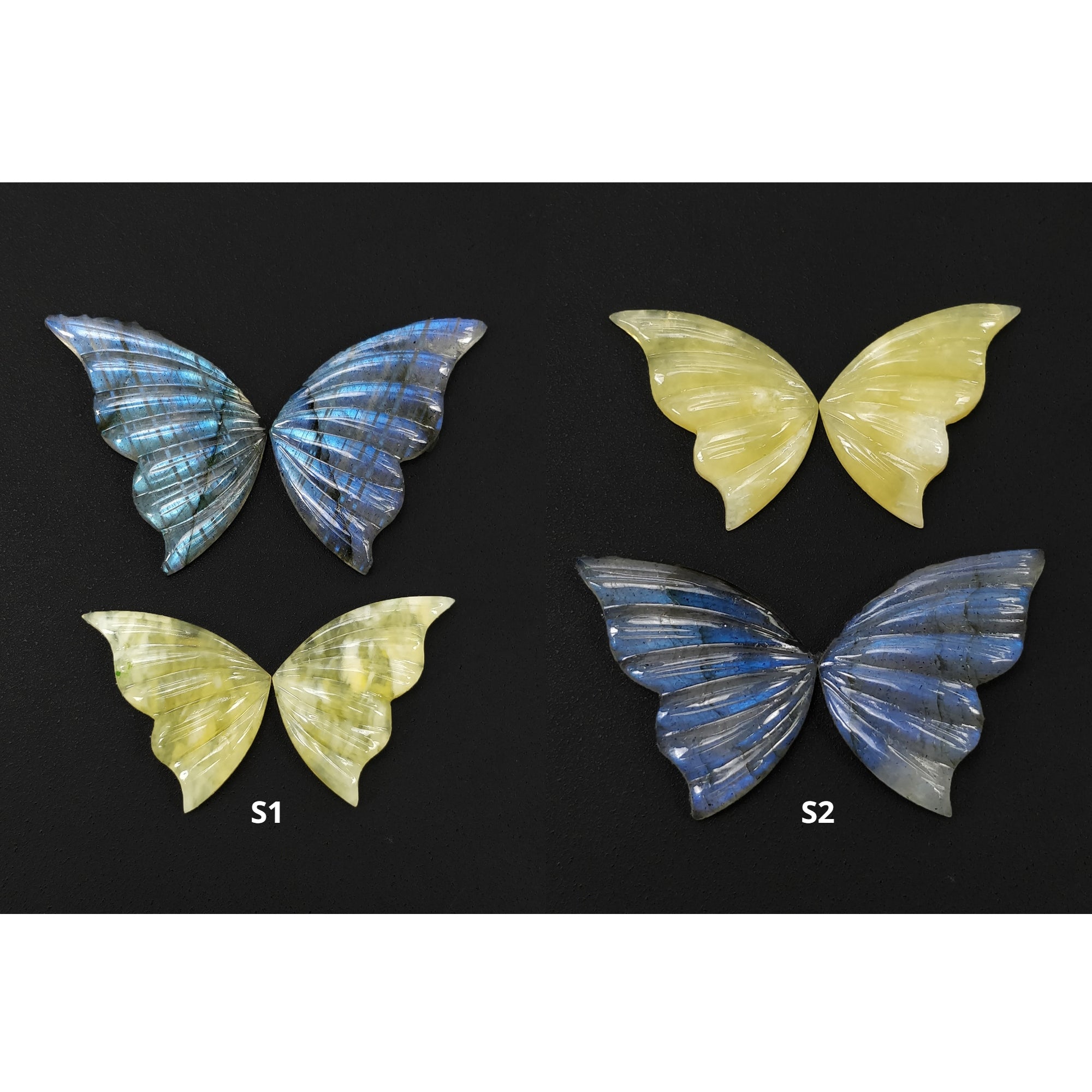 Natural Labradorite & Yellow Opal Gemstone Butterfly Carving - Untreated Handcrafted 2-Pair Set for Jewelry Making, Meditation & Spiritual Healing