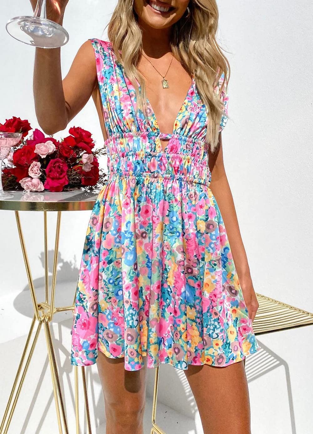 ROAONOCOMO Women's Y2K Floral Print Short Dress - Spaghetti Strap A-Line Sundress with Retro Backless Design | Sexy Party Dress for Summer, Beach, Club & Date Night