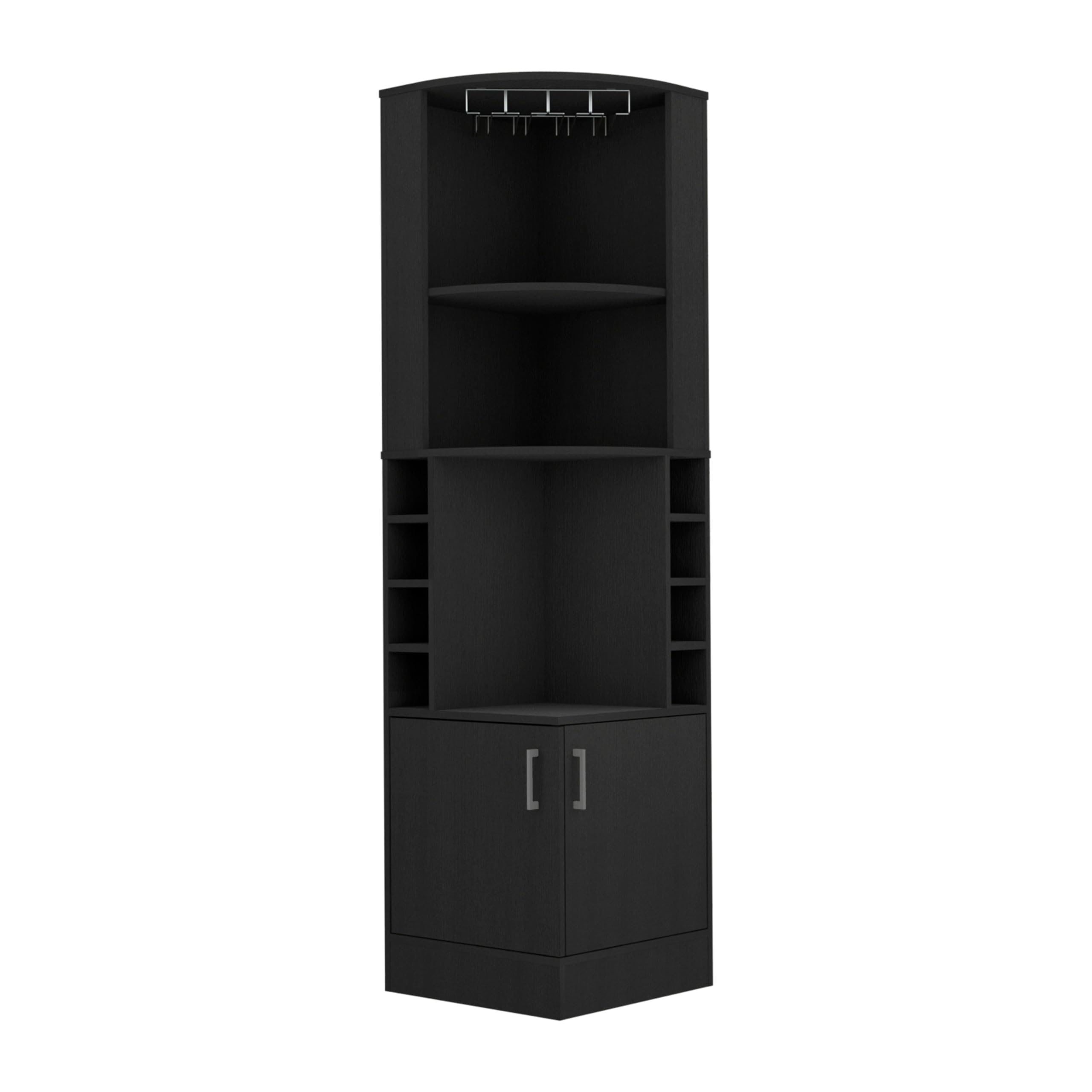 Tuhome Black Syrah Corner Bar Cabinet with 8 Bottle Cubbies, Double Doors & 2 Open Shelves - Space-Saving Home Bar for Living Room, Dining Room or Man Cave
