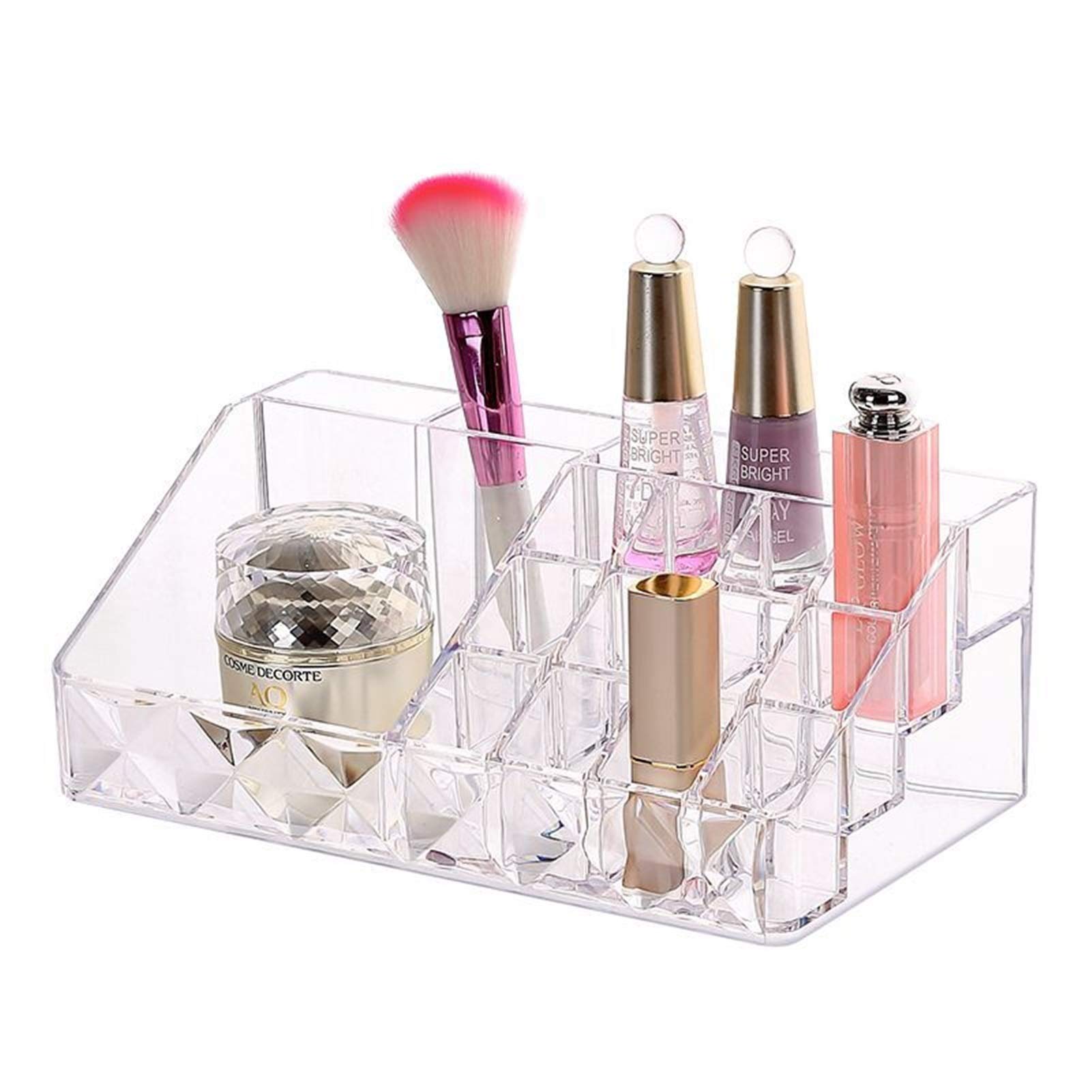 Pink Diamond Pattern Cosmetic Organizer Box with Brush Holder - 4 Drawers & 2-Piece Set for Jewelry, Makeup & Skincare Storage | Perfect for Vanity, Bathroom & Travel Organization (White)