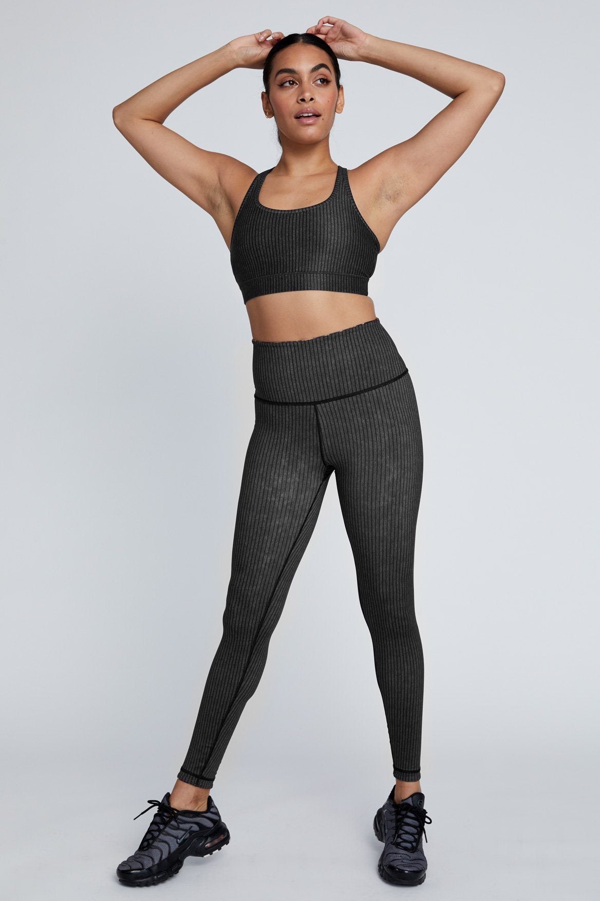 High Waist Reversible Leggings for Women - Black & Grey Striped Yoga Pants - Comfortable Workout Leggings for Running, Gym & Lounge Wear