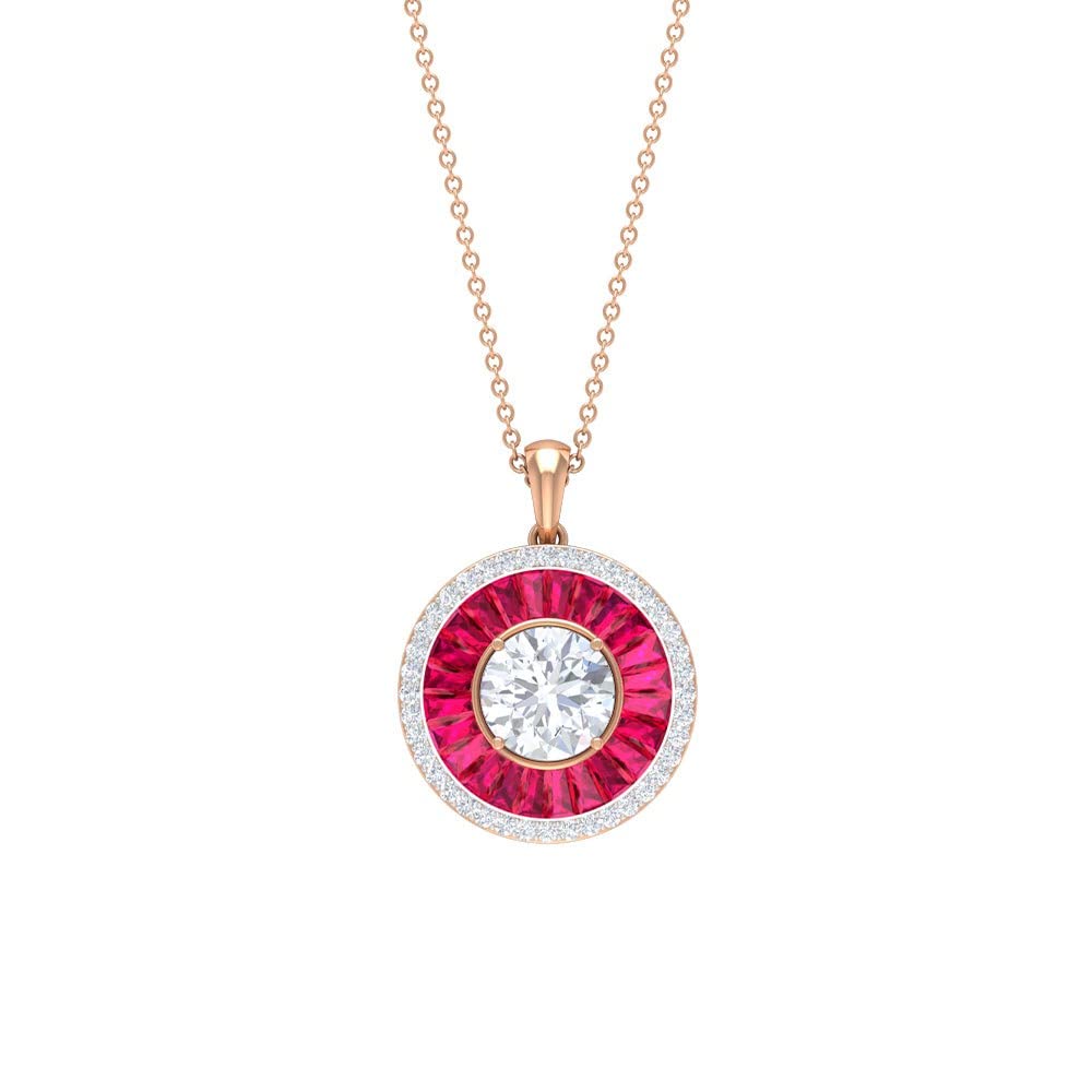 12.75 CT Created Ruby & Zircon Double Halo Pendant Necklace for Women - 14K Solid Gold Elegant Jewelry Gift for Anniversary, Birthday & Special Occasions
