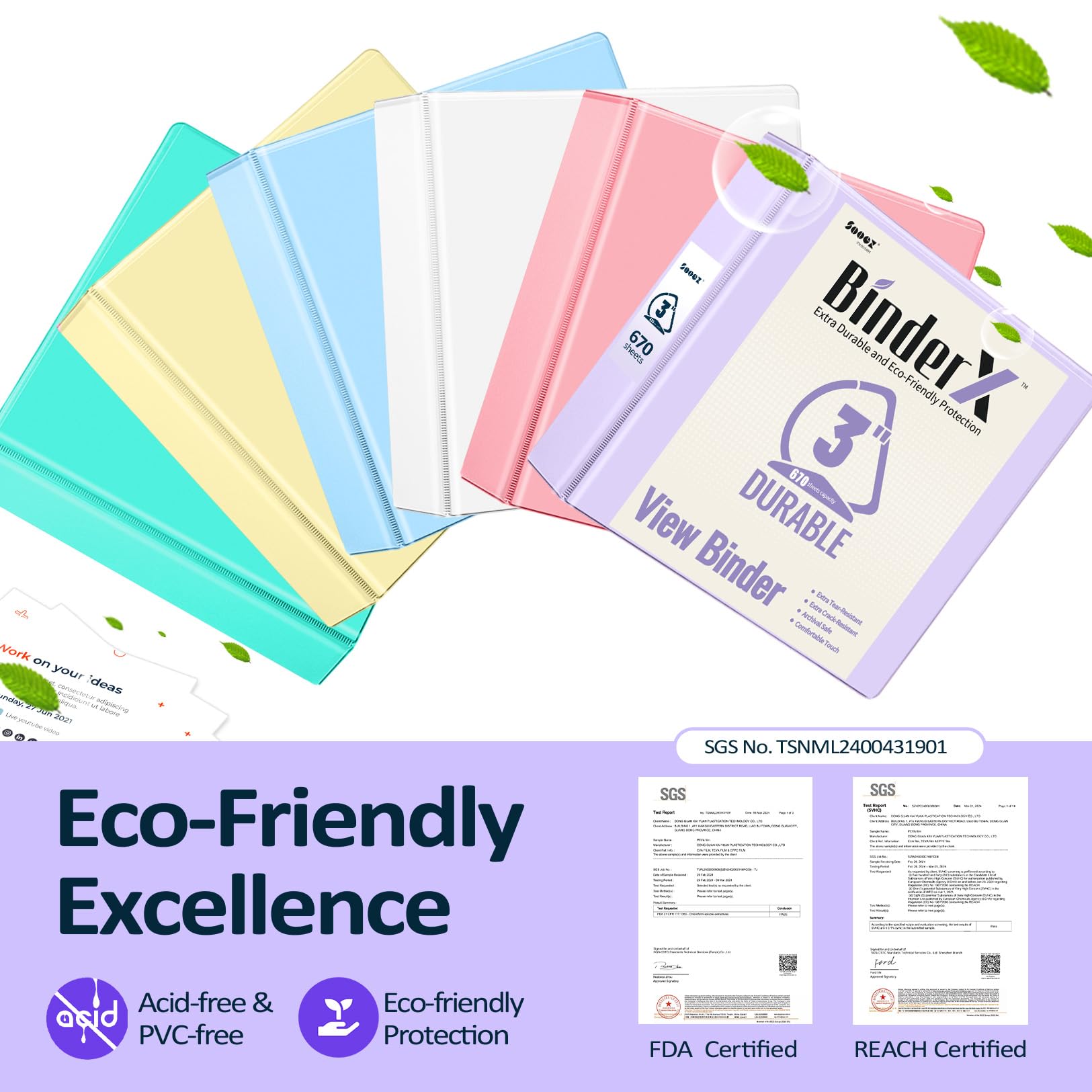 Sooez BinderX Extra Durable 3 Inch 3-Ring Binder with D-Ring - Holds 670 Sheets of 8.5x11 Paper, Customizable View Cover & Inside Pockets - Heavy Duty School Binder for Students & Teachers - Perfect for Organizing Notes, Projects & Office Documents (Lavender)