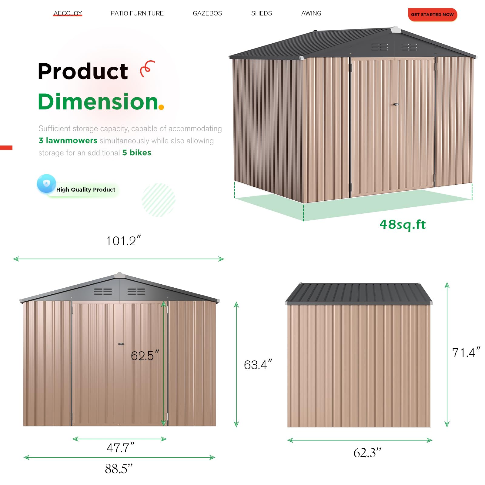 AECOJOY 8' x 6' Outdoor Metal Storage Shed - 53 Sq.Ft Steel Garden Shed with Lockable Doors | Weather-Resistant Utility & Tool Storage for Backyard, Patio, Garage Organization | Perfect for Lawn Equipment, Gardening Tools & Seasonal Items