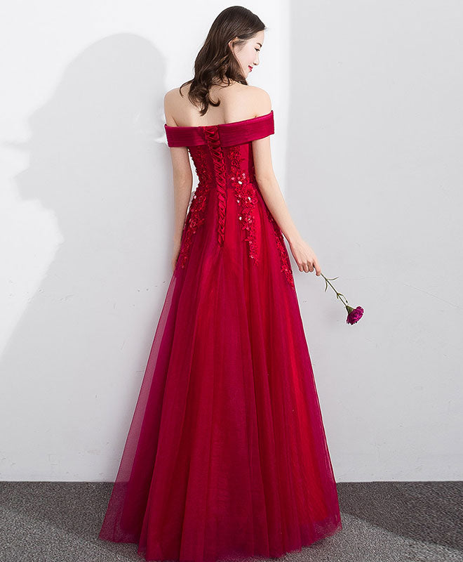 Elegant Burgundy Off Shoulder Tulle Lace Long Prom Dress for Women - Formal Evening Gown for Homecoming, Wedding, and Special Occasions