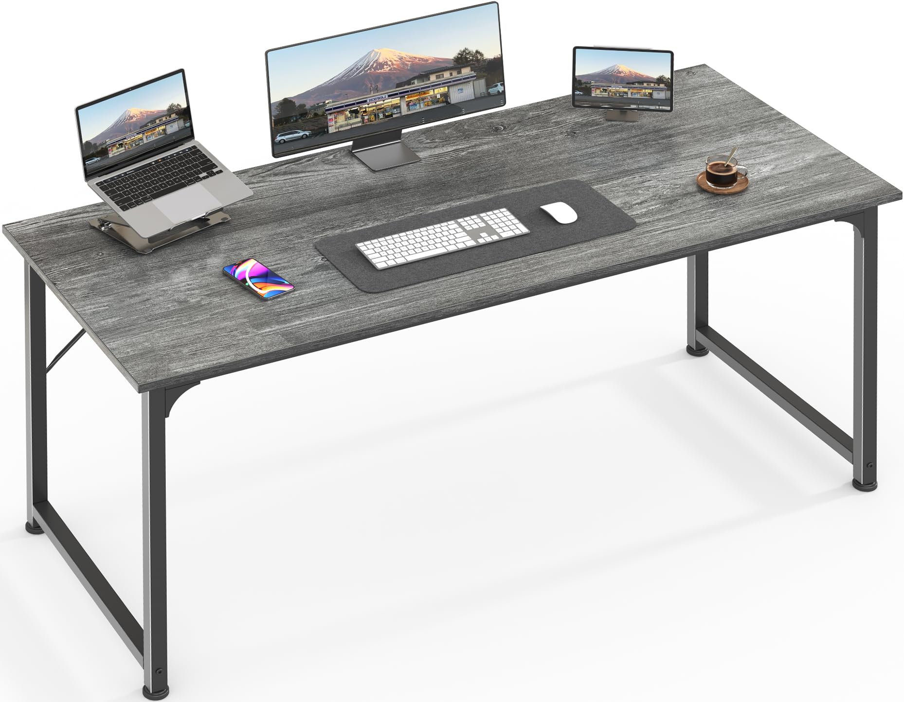 Huuger 55 Inch Modern Office Desk - Sturdy Metal Frame Gaming & Work Desk with Storage, Large Legroom, Grey - Perfect for Home Office, Study Room & Gaming Setup