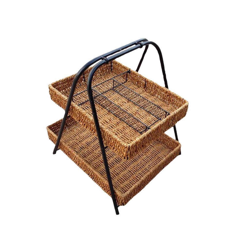 2-Tier Rattan Weaving Fruit Basket with Metal Rack - Multi-Purpose Storage Organizer for Fruits, Vegetables, Groceries, Picnics & Home Decor - Perfect for Kitchen, Dining Table, Pantry Organization & Outdoor Gatherings