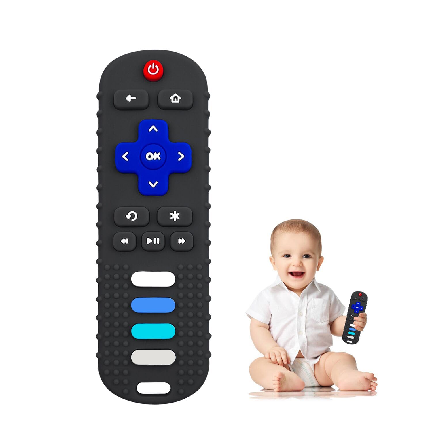 FDA Approved Baby Teething Toys - BPA Free, Food Grade Silicone Teether for Infants 3-6-12-18 Months | TV Remote Shaped Chew Toy for Soothing Sore Gums | Freezer Safe for Cooling Relief | Perfect for Home, Travel & Daycare Use (Black RC)