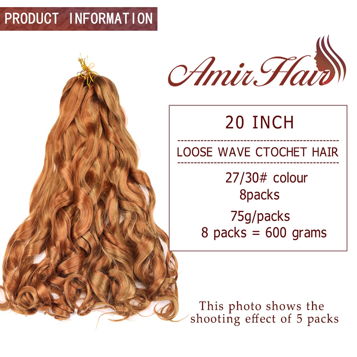 Amir Hair 8-Pack 20-Inch French Curly Braiding Hair - Pre-Stretched Synthetic Hair Extensions in Loose Wave (Colors 27/30) for Protective Styles & Natural Looks | Perfect for Box Braids, Crochet Styles & Everyday Wear