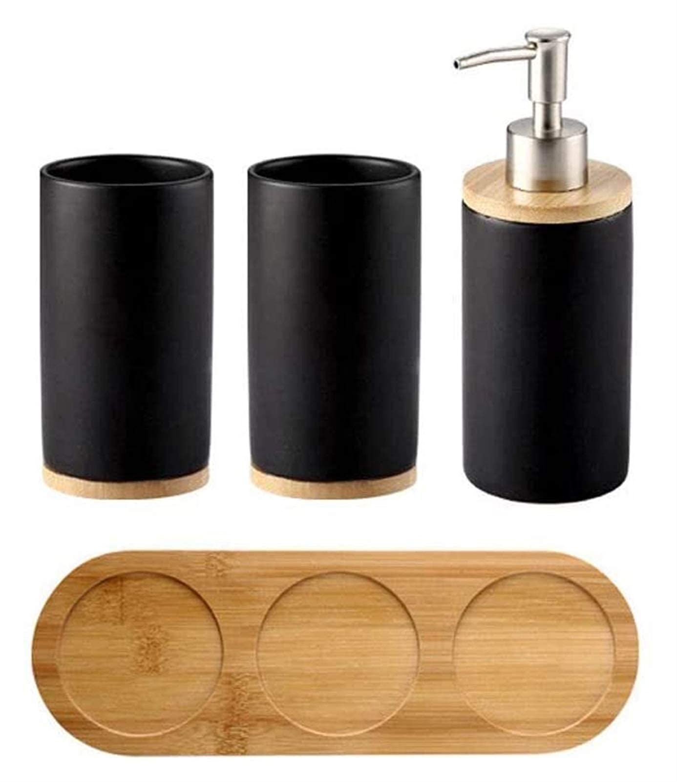 GANE Ceramic 4-Piece Bathroom Set - Soap Dispenser, Toothbrush Holder, Tumbler & Lotion Bottle with Tray | Elegant Hotel-Style Home Decor for Bathroom Vanity & Countertop Organization