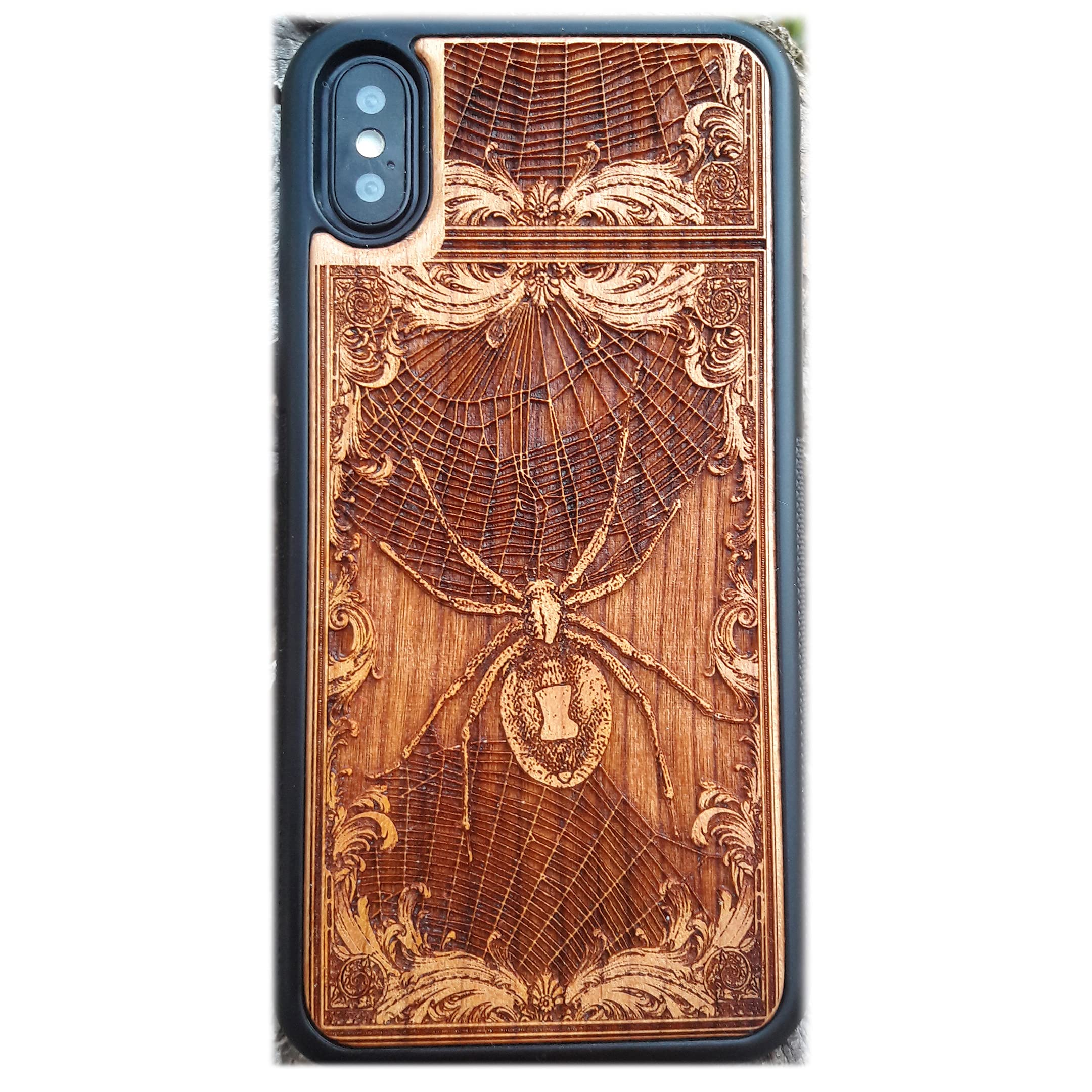 Black Widow Spider Laser Engraved Wooden Phone Case for iPhone 16/15/14/13/12/11 Pro Max Mini & Galaxy S25/S24/S23/S22/S21/S20 Ultra Plus - Eco-Friendly Slim Durable Wood Cover - Perfect for Nature Lovers & Marvel Fans
