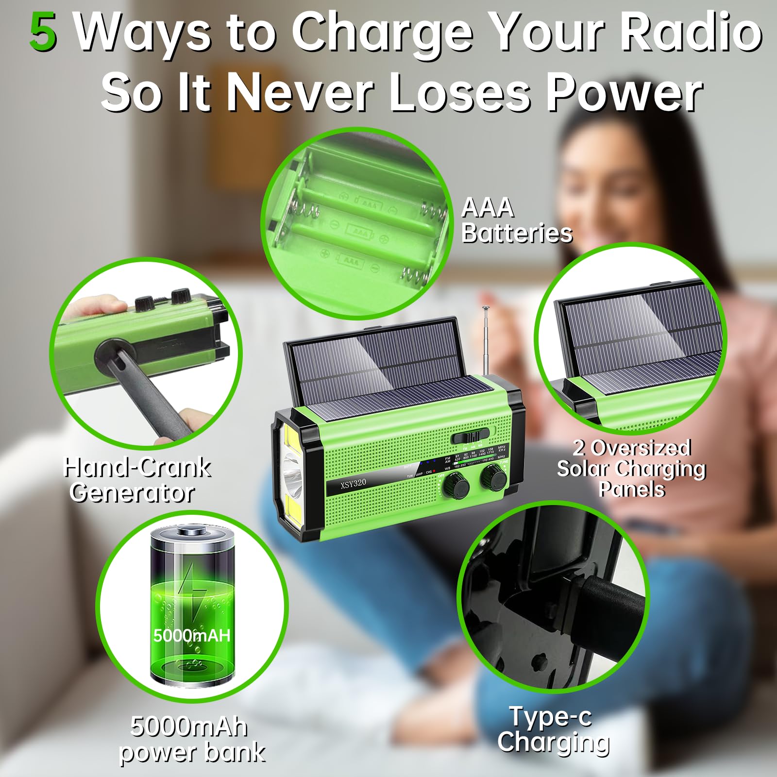 Emergency Survival Radio - Solar, Hand Crank & 5000mAh Battery Powered AM/FM/NOAA Weather Radio with USB-C Charger, AAA Backup, 3-Mode Flashlight & Reading Lamp, SOS Alert & Phone Power Bank - Perfect for Camping, Hiking, Storms and Power Outages