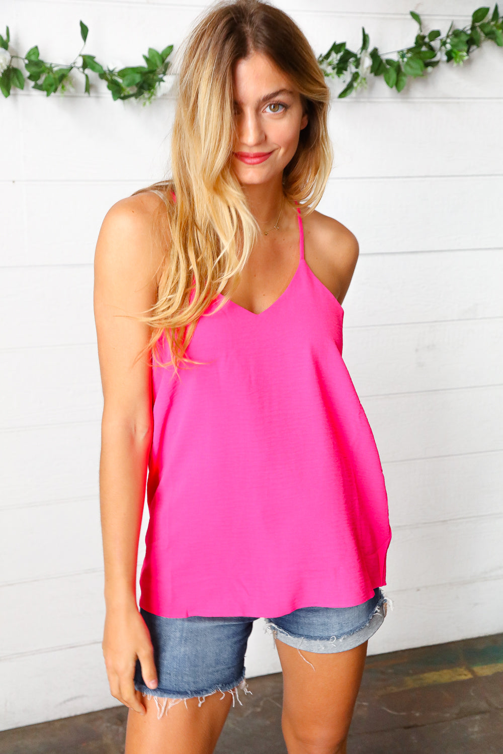Hot Pink Adjustable Strap V-Neck Lined Cami Top for Women - Sexy Casual & Layering Essential