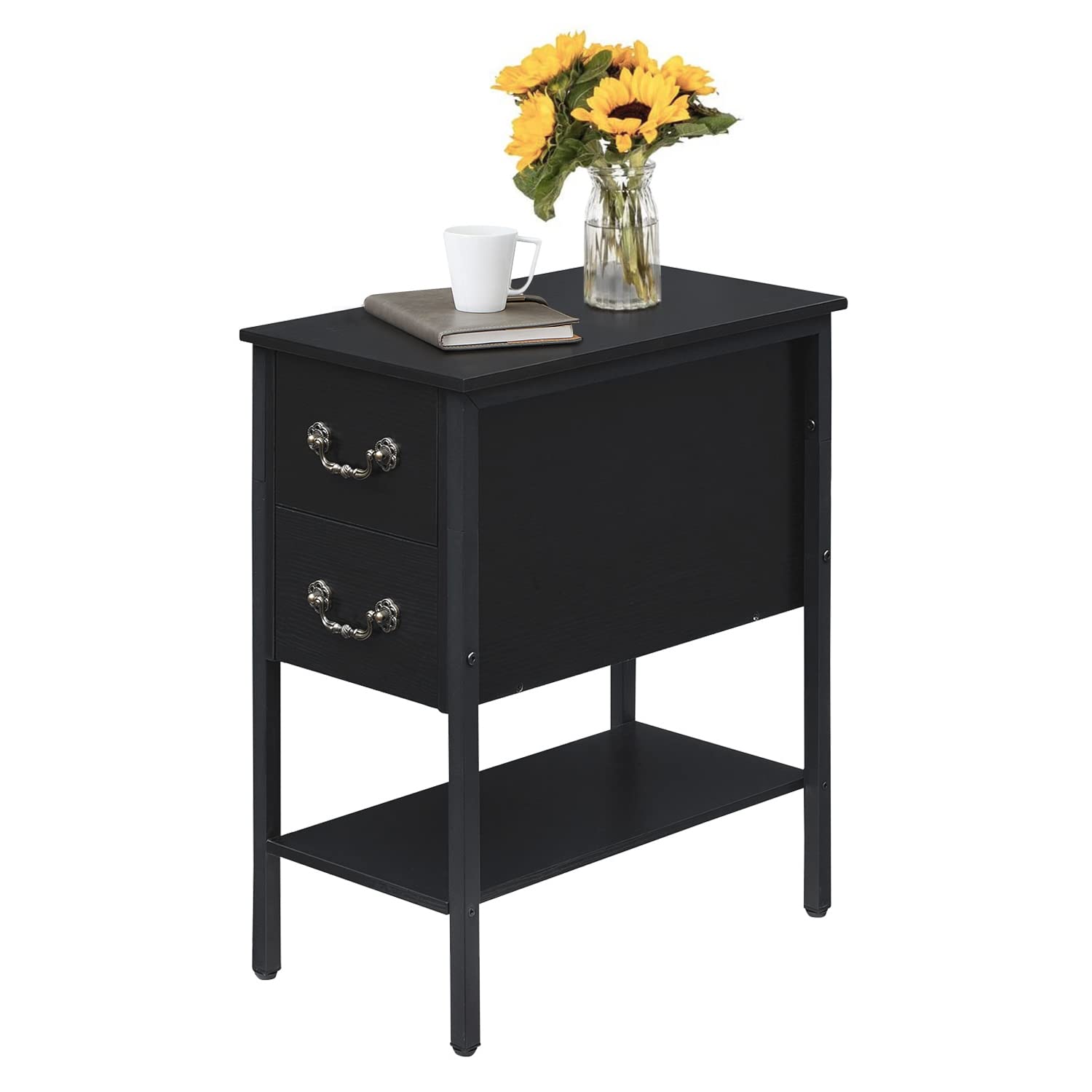 VECELO Narrow Nightstand with Drawers & Storage Shelf - Modern End Table for Small Spaces - Perfect for Bedroom, Living Room & Dorm Room - Compact Side Table with Extra Storage for Books, Lamps & Bedroom Essentials