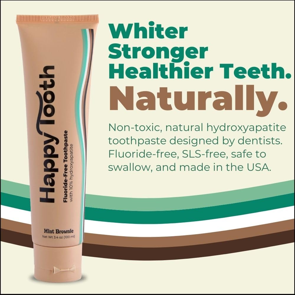 Happy Tooth Natural Hydroxyapatite Toothpaste - Fluoride & SLS Free, Whitening for Sensitive Teeth, Dentist Recommended for Adults & Kids, Mint Brownie Flavor (3.4 Fl Oz) | Gentle Daily Care for Healthy Smiles
