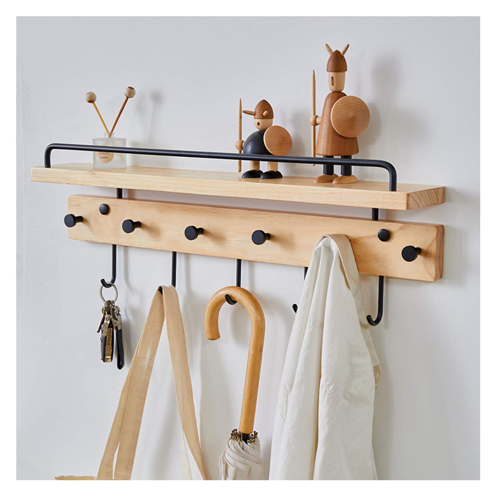 Wall Mounted Key Holder Shelf with 11 Hooks - Solid Wood Coat Rack & Entryway Organizer for Keys, Hats, Bags - Perfect for Living Room, Kitchen, Bathroom & Hallway Storage (Wood Color)