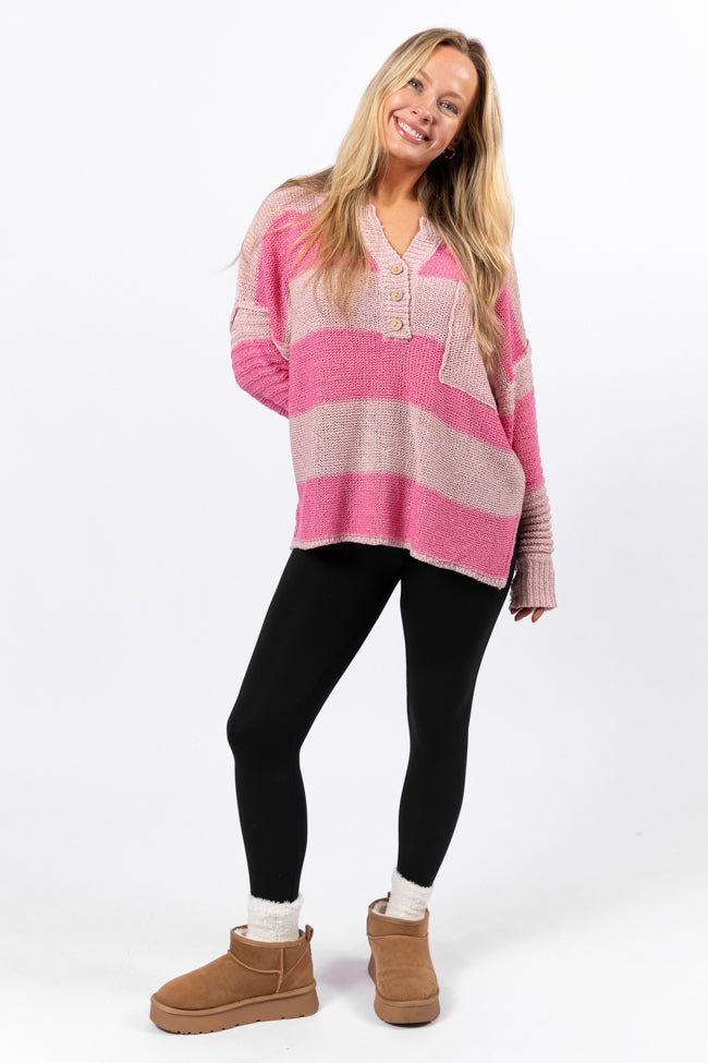 Best Pink Oversized Striped Henley Sweater for Women - Soft & Cozy Pullover Top for Casual Wear, Fall & Winter Fashion