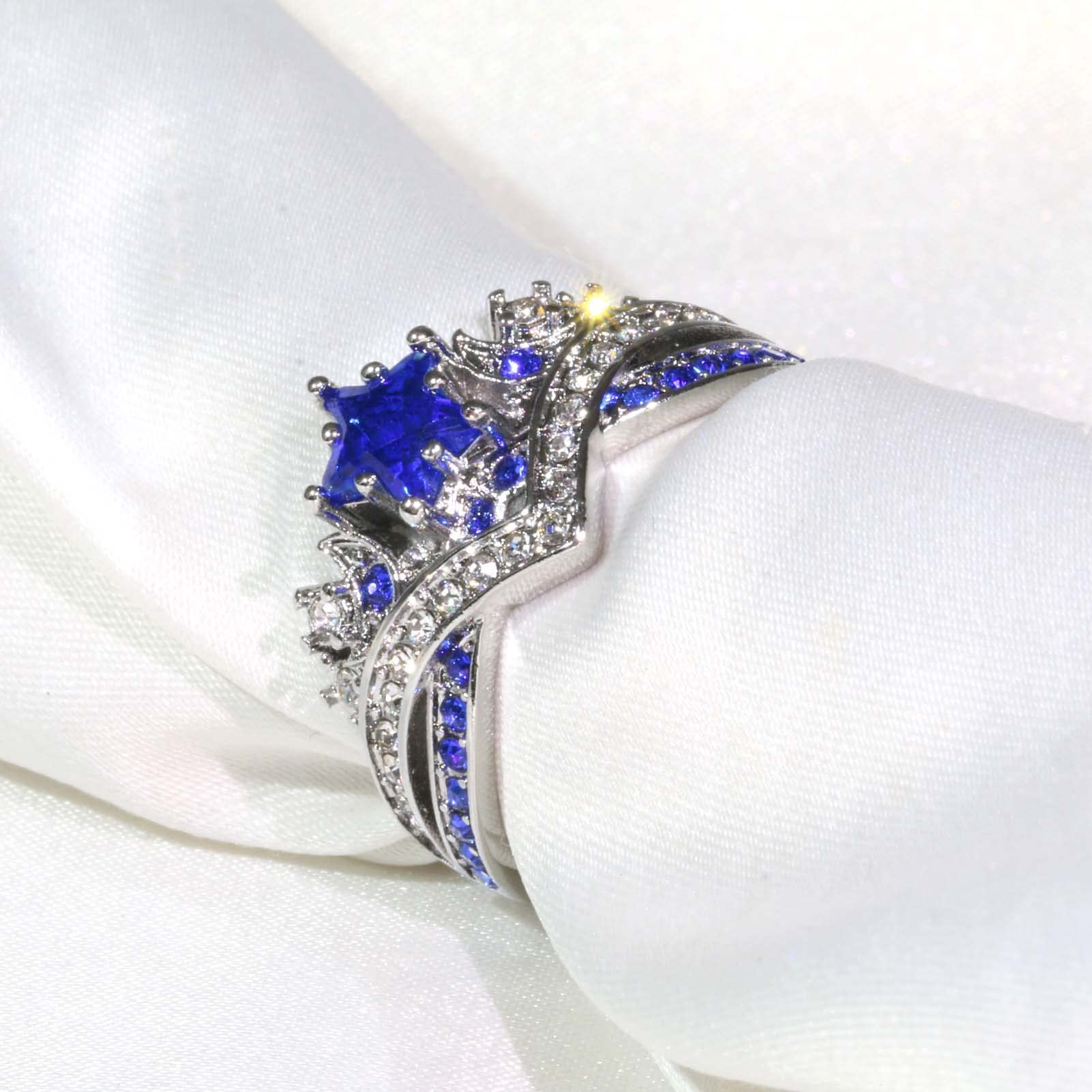 Matching Couple Rings for Him and Her - Blue CZ Star & Moon Wedding Band Set for Women & Men - Perfect for Anniversaries, Engagements, and Romantic Gifts
