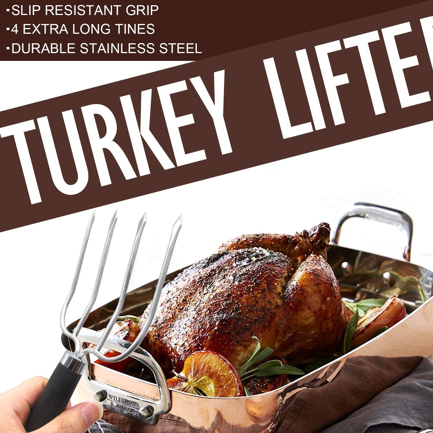 Premium Stainless Steel Turkey Lifters Set of 2 - Heavy Duty Poultry Forks with Non-Slip Ergonomic Handles for Roasting, Carving & Serving Turkey, Chicken & Large Meats - Perfect for Thanksgiving, Christmas & Holiday Cooking