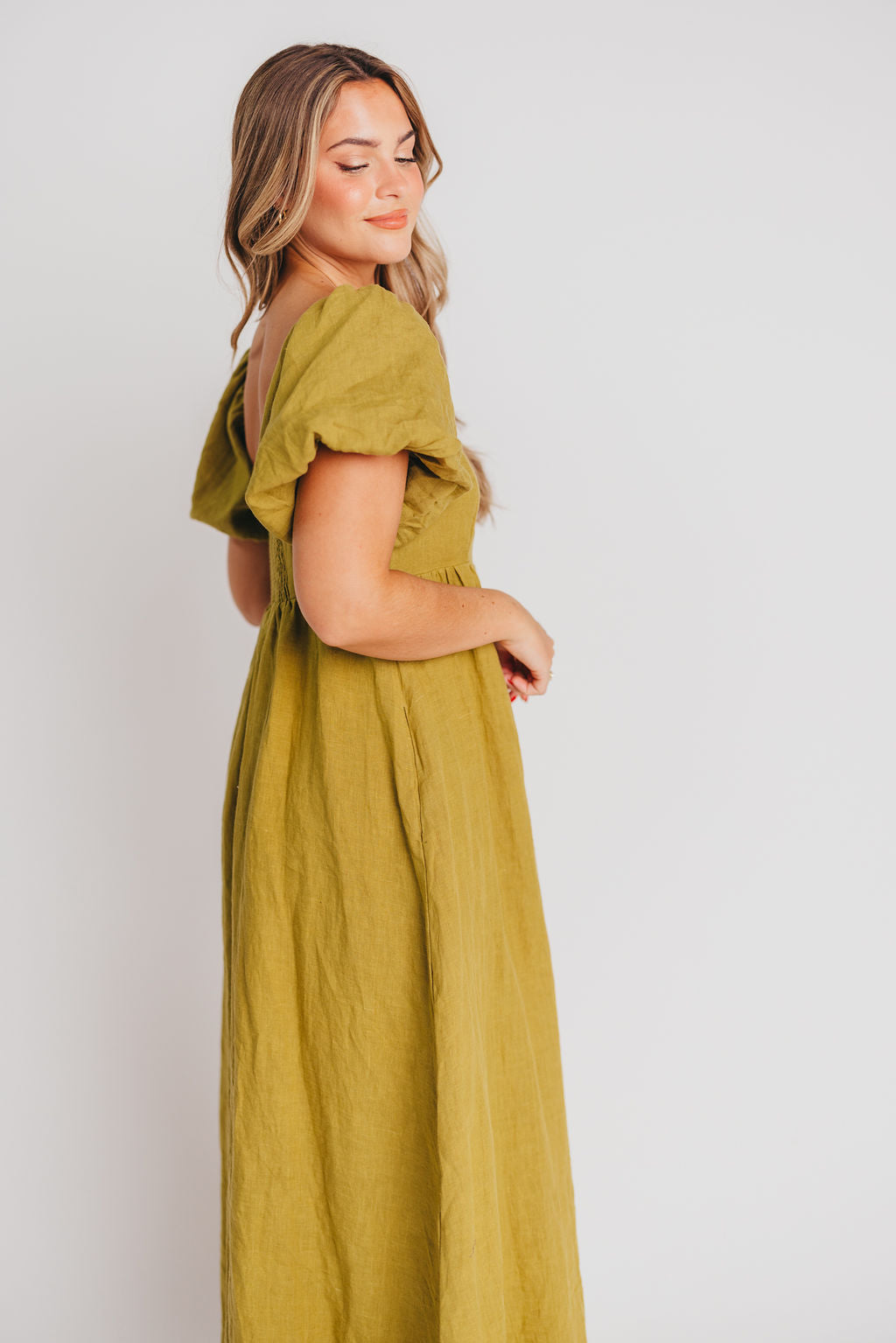 Candace Maxi Dress in Olive - 100% Linen Bump Friendly Maternity Dress for Women - Perfect for Summer, Beach, and Casual Outings