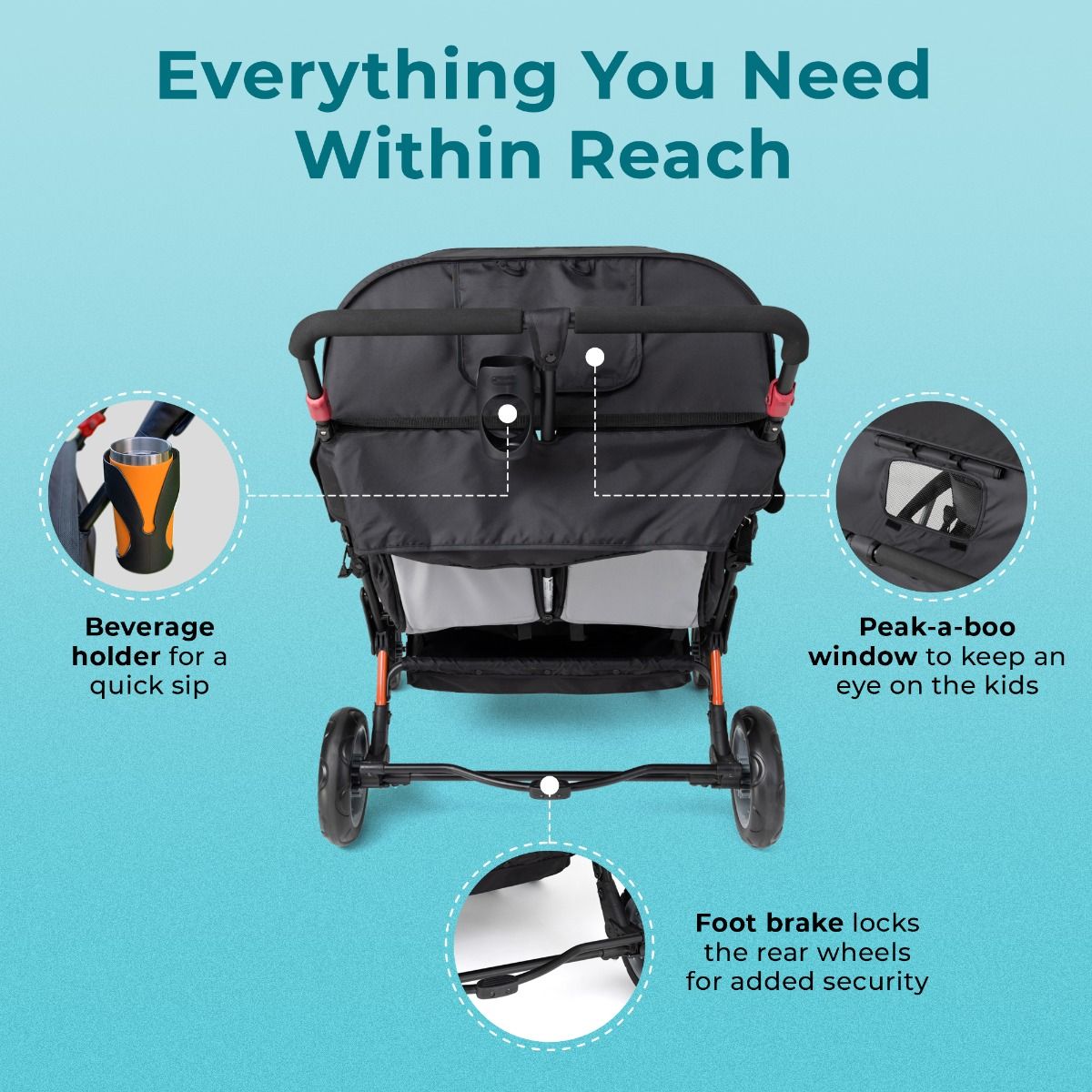 Gaggle Compass Quad 4-Seat Stroller for Toddlers - Lightweight, Durable & Foldable Baby Stroller for Multiple Kids - Perfect for Family Outings, Shopping & Travel