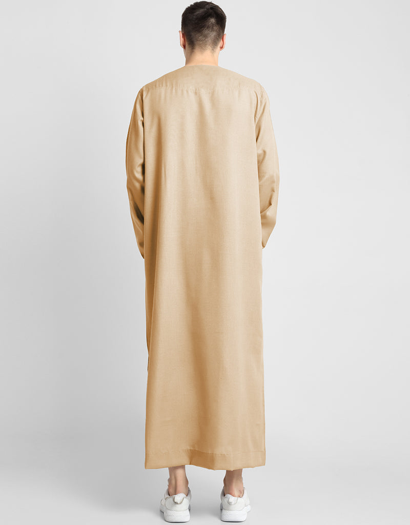 Men's Beige Thobes - 100% Cotton Blend Plain Solid Long Sleeve Islamic Robe for Prayer, Work & Special Occasions | Comfortable Traditional Muslim Attire for Daily Wear & Religious Ceremonies
