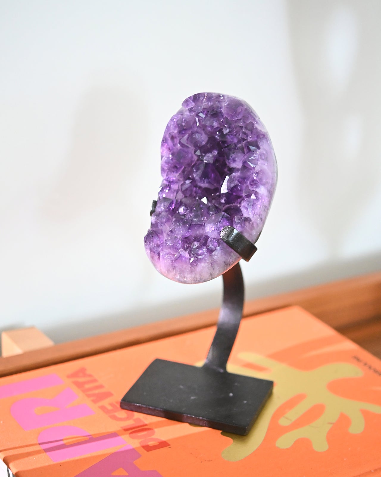 Natural Amethyst Crystal Geode on Wooden Stand - 3.3lbs Healing Stone for Home Decor, Meditation & Spiritual Gifts