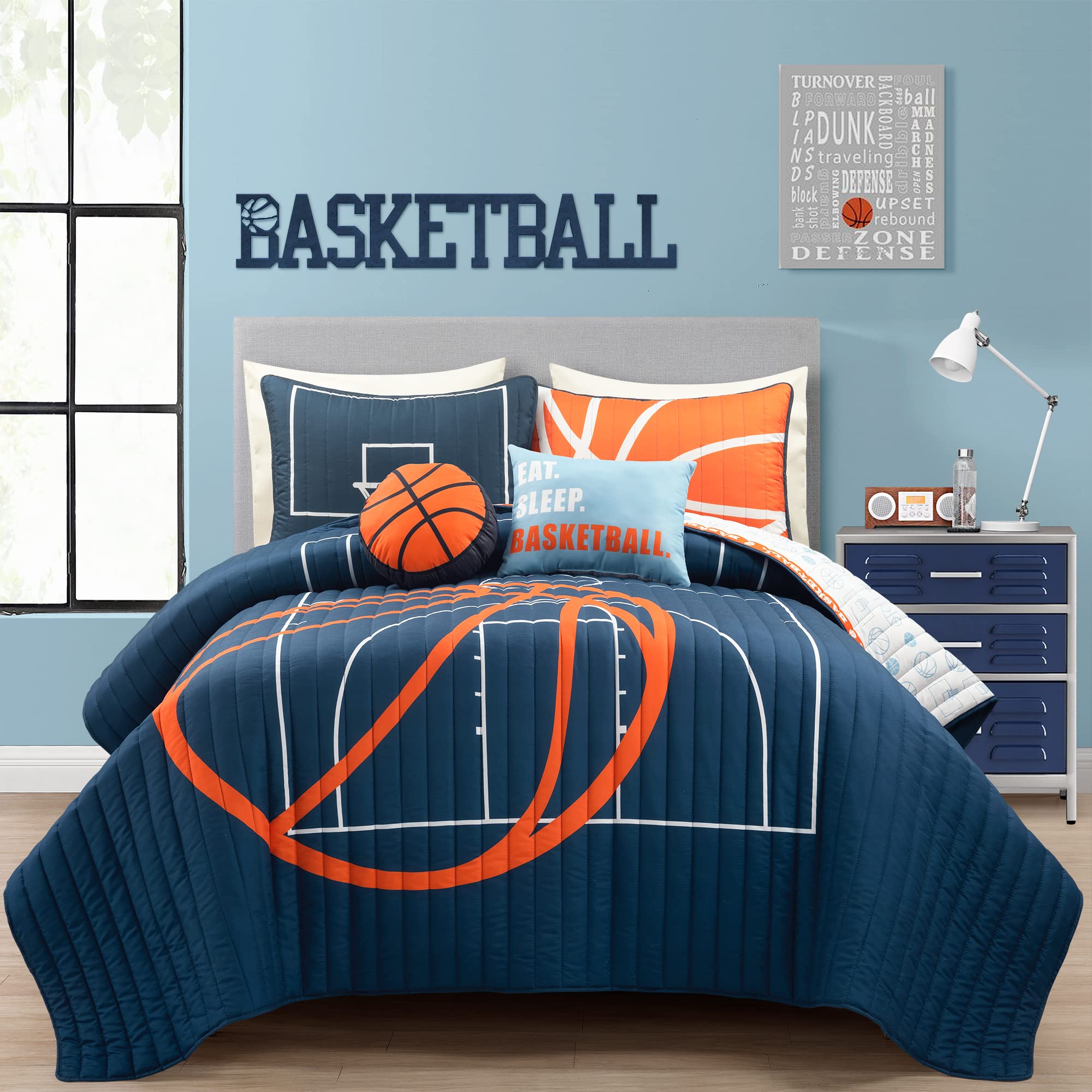 Lush Decor Reversible Basketball Game Quilt Set - 5 Piece Full/Queen Size Soft Teen Bedding in Navy Blue | Sports Theme Kids Bedroom Decor for Boys & Girls | Perfect for Game Rooms, Dorm Rooms & Sports-Themed Bedrooms