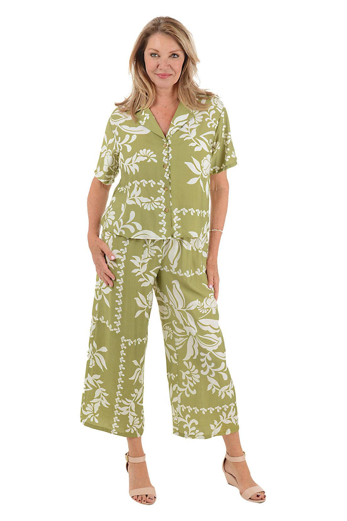 Sage Green Floral Print Button Front Two Piece Set - Women's Casual Outfit for Spring & Summer | Perfect for Brunch, Dates & Vacations