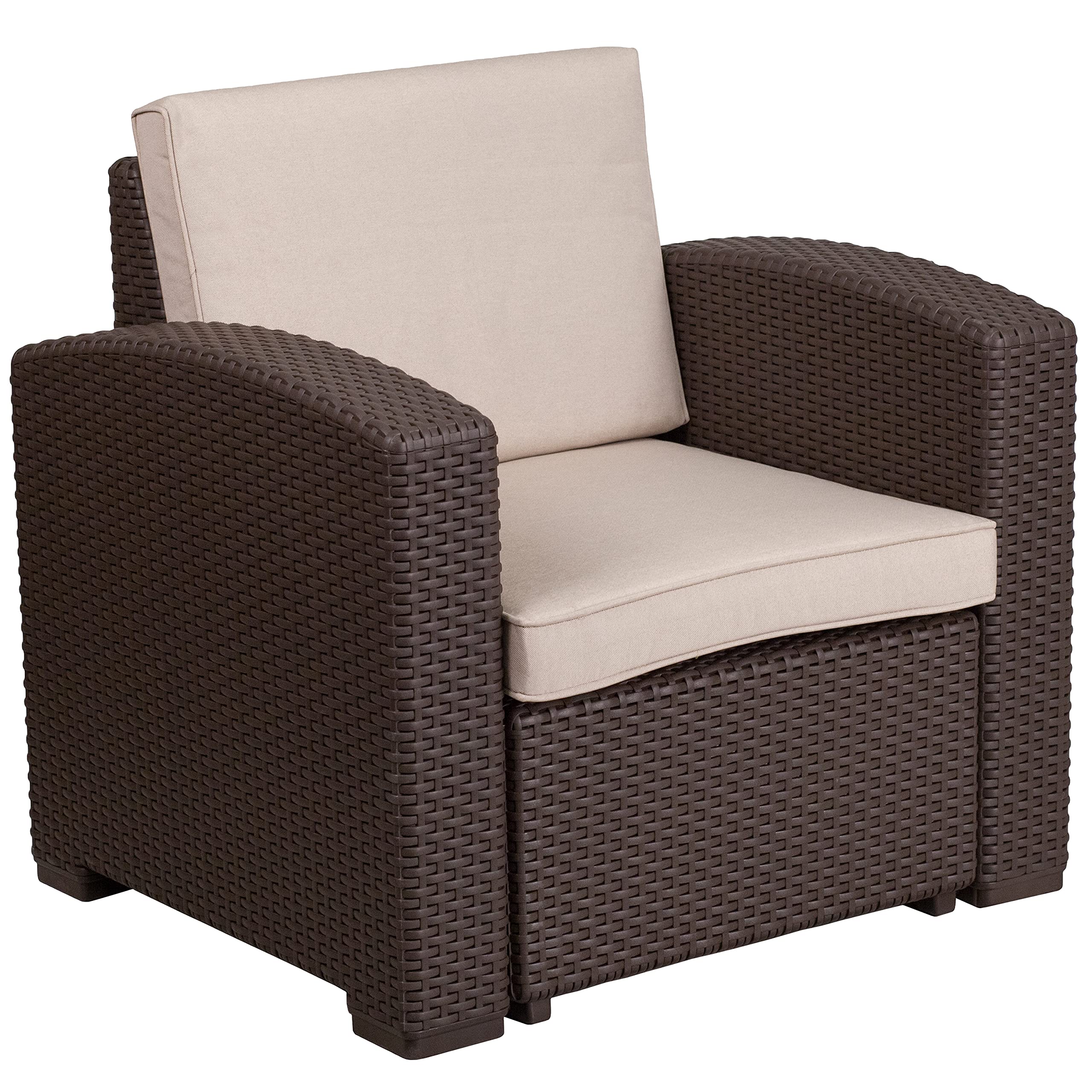 Merrick Lane Errol 5-Piece Outdoor Patio Furniture Set - Brown Wicker-Look Resin - 2 Chairs & Sofa with Cushions + Coffee Table & Side Table - Weatherproof for Garden, Poolside & Backyard Relaxation