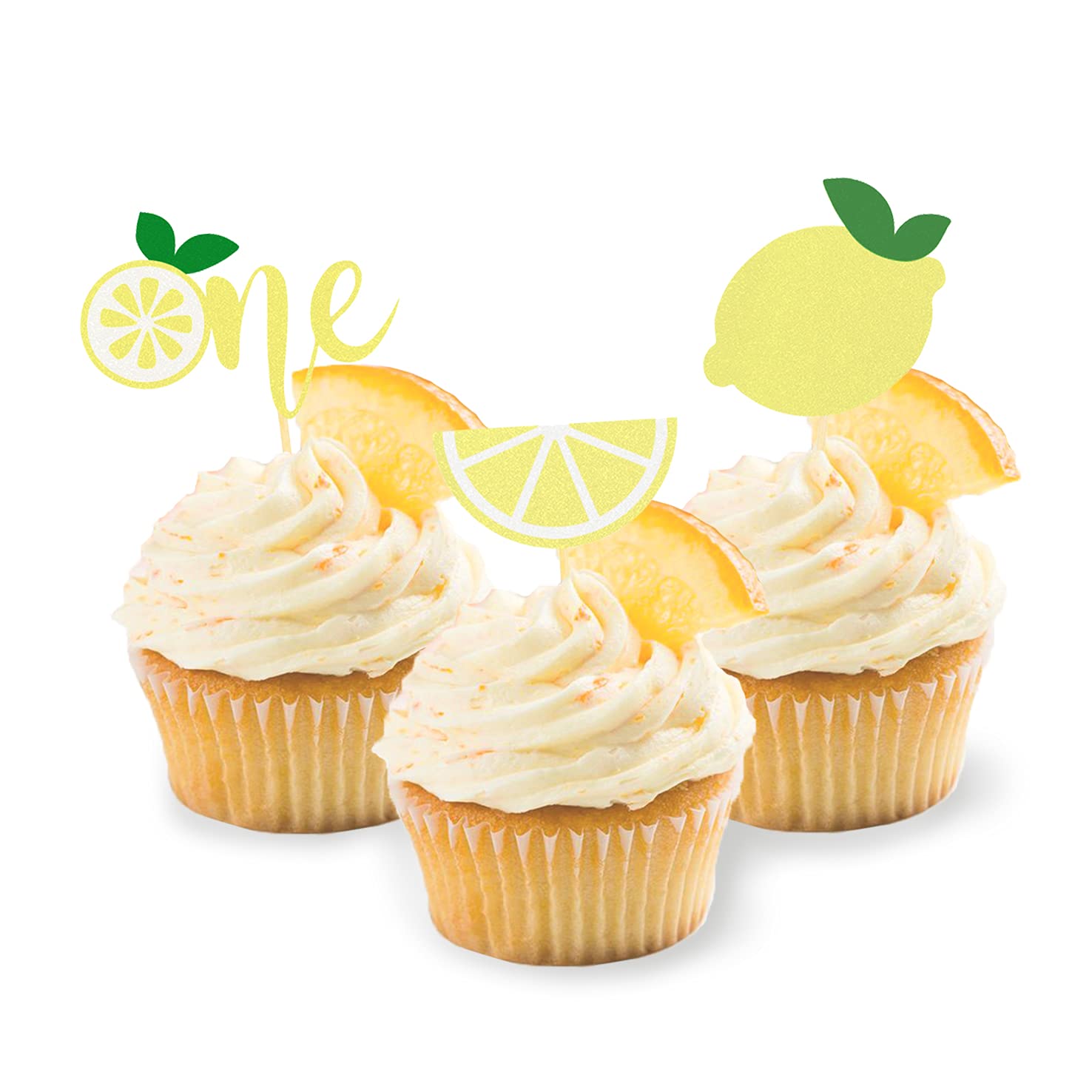 24pcs Glitter Lemon Cupcake Toppers - Baby Shower & Birthday Party Decorations - Lemon Themed Party Supplies - Perfect for Summer Parties, Bridal Showers & Dessert Table Decor