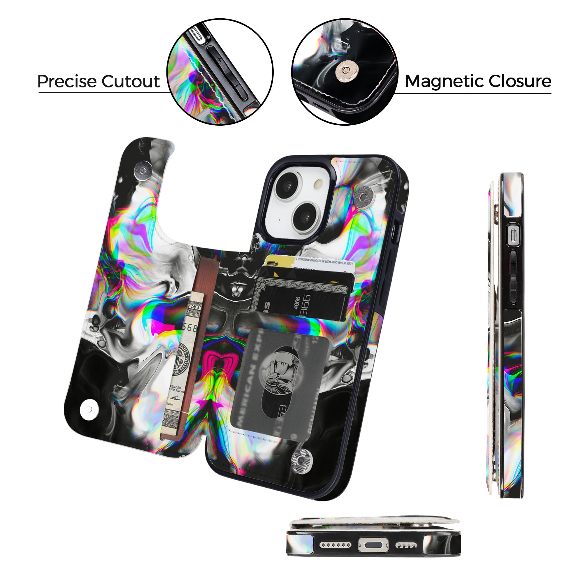 uCOLOR Flip Leather Wallet Case with Card Holder & Kickstand - Compatible with iPhone 13/14 6.1 Inch - Stylish Protective Phone Cover for Women & Girls (Black Rainbow Marble) - Perfect for Daily Use, Travel & Business Meetings