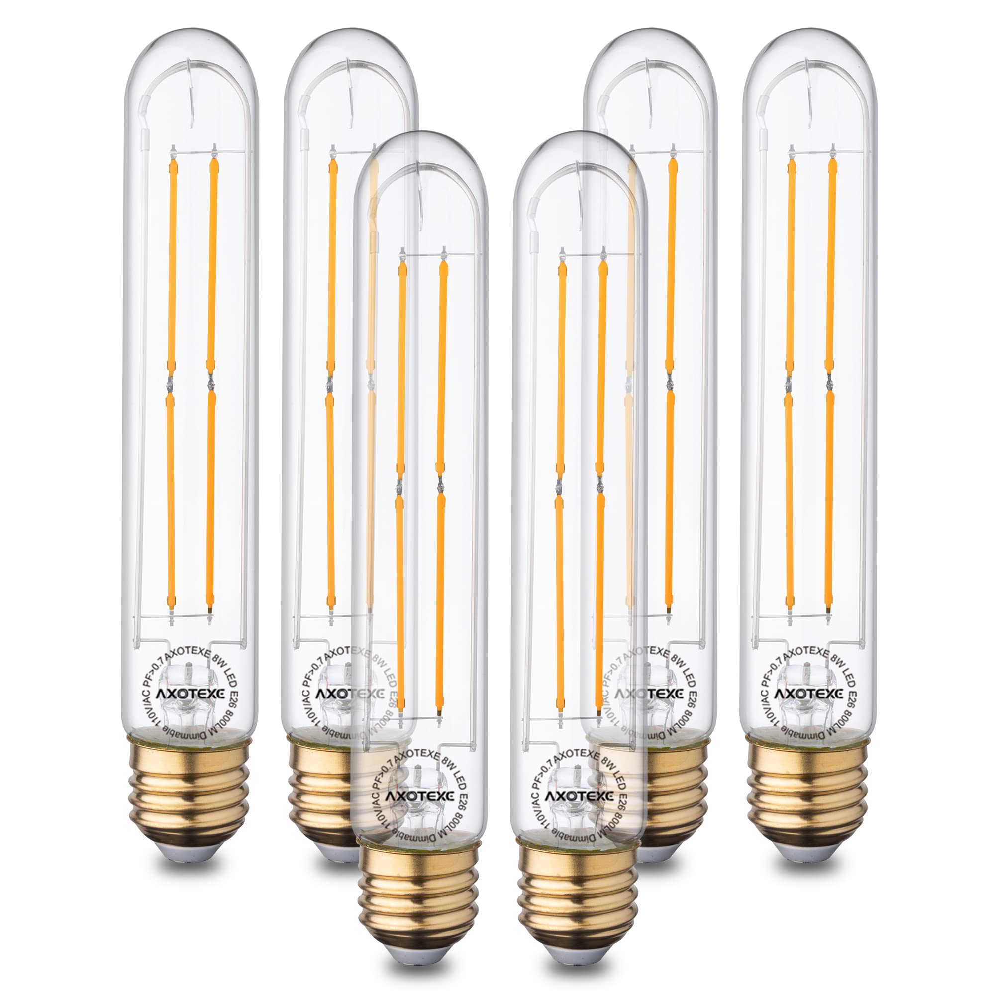 AXOTEXE T10 Edison Bulbs 60W Equivalent, E26 Base Vintage LED Light Bulbs - 2700K Warm White, Dimmable Tube Filament Bulb (8W 800LM) - UL Listed 6-Pack - Perfect for Restaurants, Cafes & Home Decor Lighting