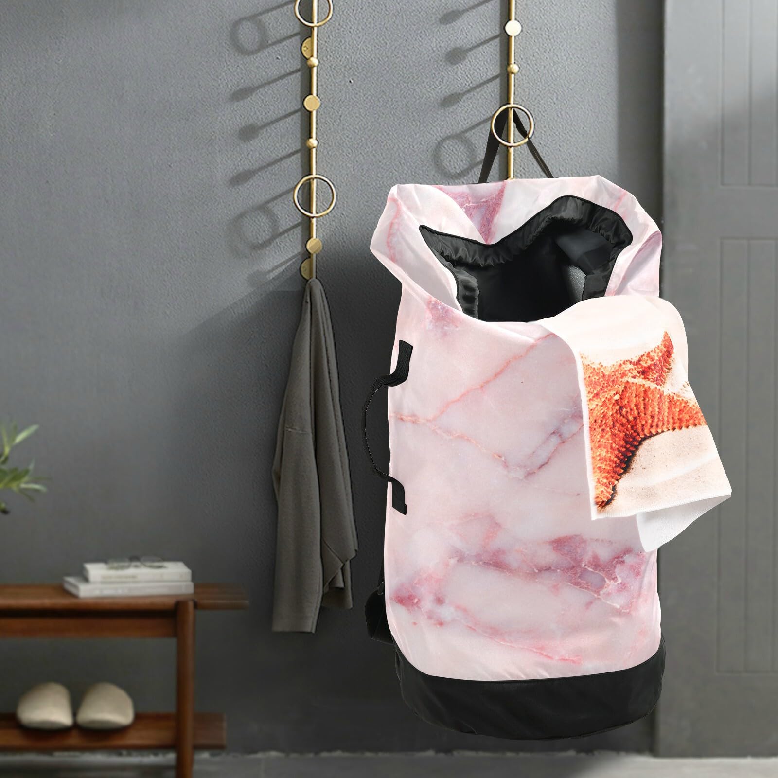 Washable Laundry Backpack - Large Dirty Clothes Bag with Adjustable Shoulder Straps | Pink Marble Pattern | Heavy Duty Drawstring Laundry Bag for Travel, College, Camping & Gym | Perfect for Dorms, Hotels & Outdoor Adventures
