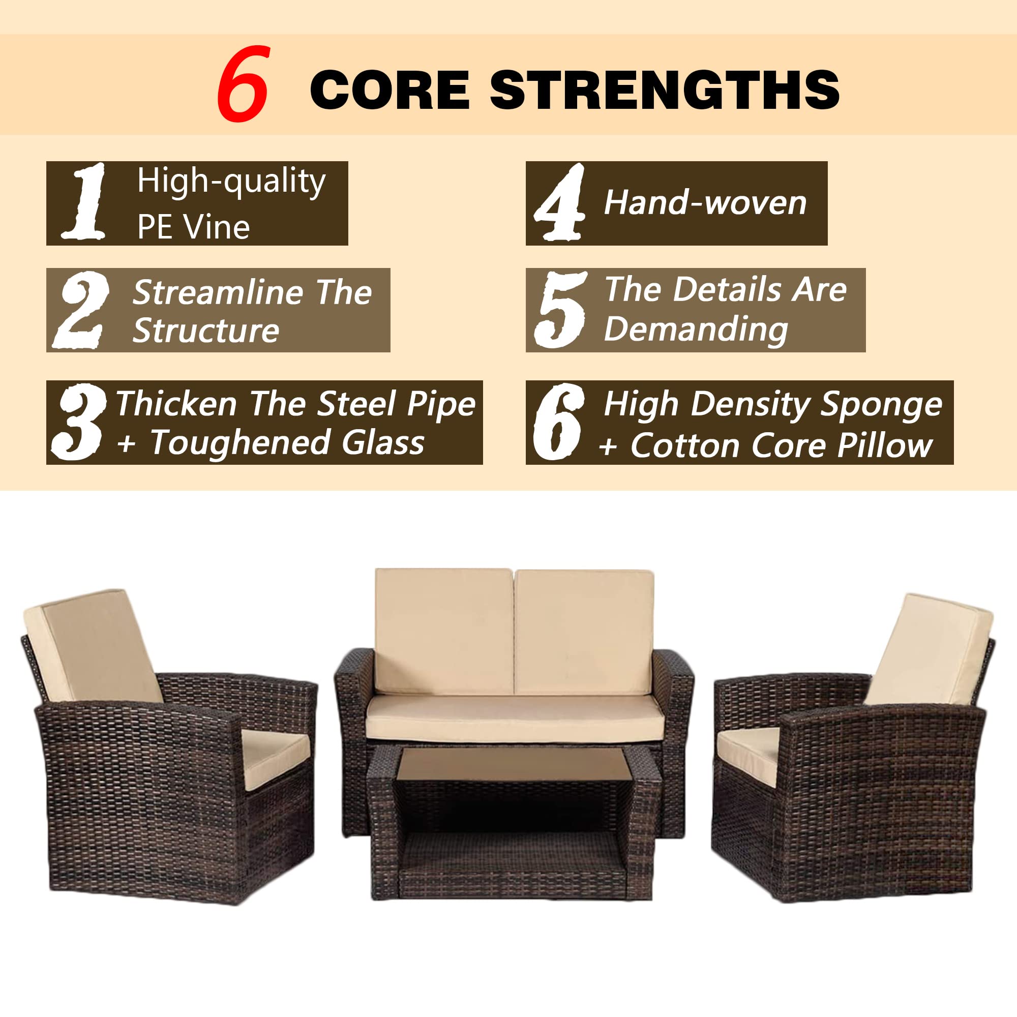 4-Piece Outdoor Patio Conversation Set - PE Rattan Wicker Sofa Furniture with Cushions & Glass Coffee Table for Garden, Balcony, Porch - Perfect for Backyard Relaxation & Outdoor Entertaining