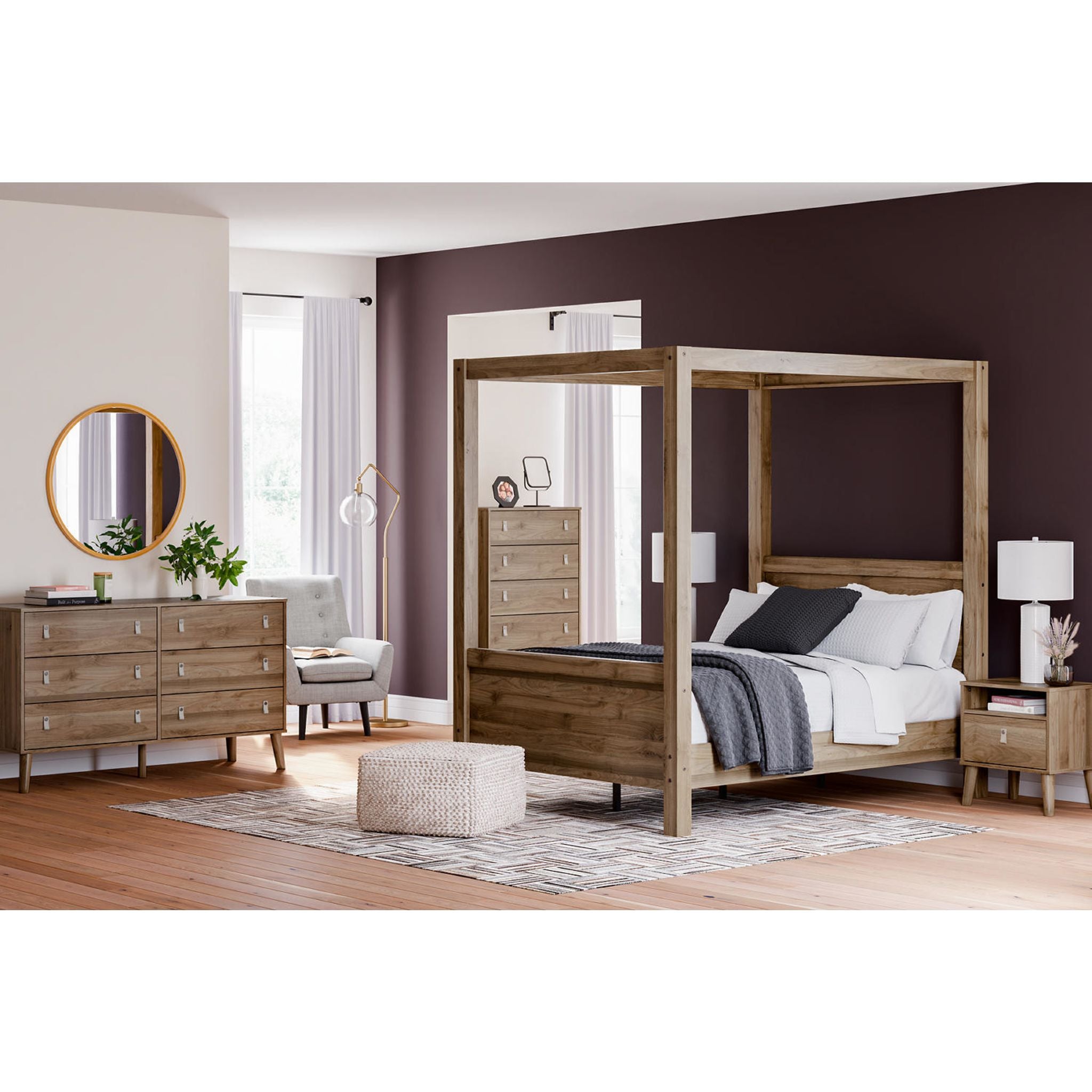 Aprilyn Full Canopy Bed in Honey Finish - Elegant Queen Size Canopy Bed Frame with Curtain Rods for Romantic Bedroom Decor, Perfect for Master Bedrooms, Guest Rooms & Bohemian Style Homes