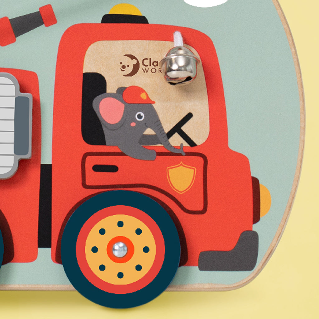 Wooden Fire Engine Busy Board - Montessori Sensory Toy for Toddlers - Fine Motor Skills Activity - Perfect for Travel & Home Play